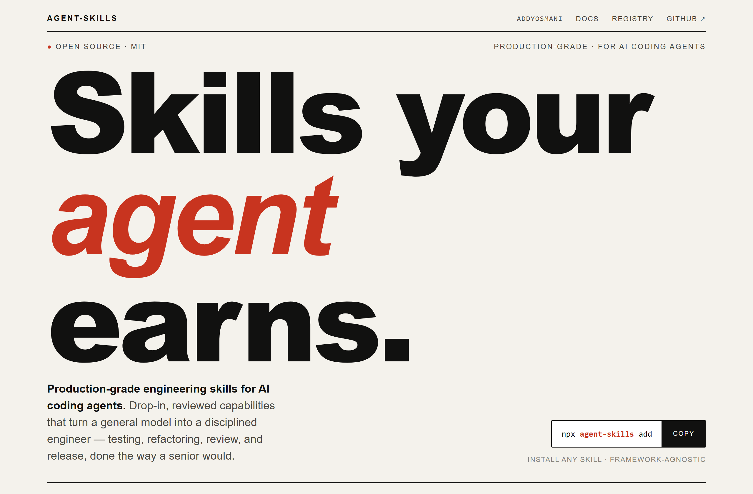 addyosmani/agent-skills landing-page hero mock, poster style