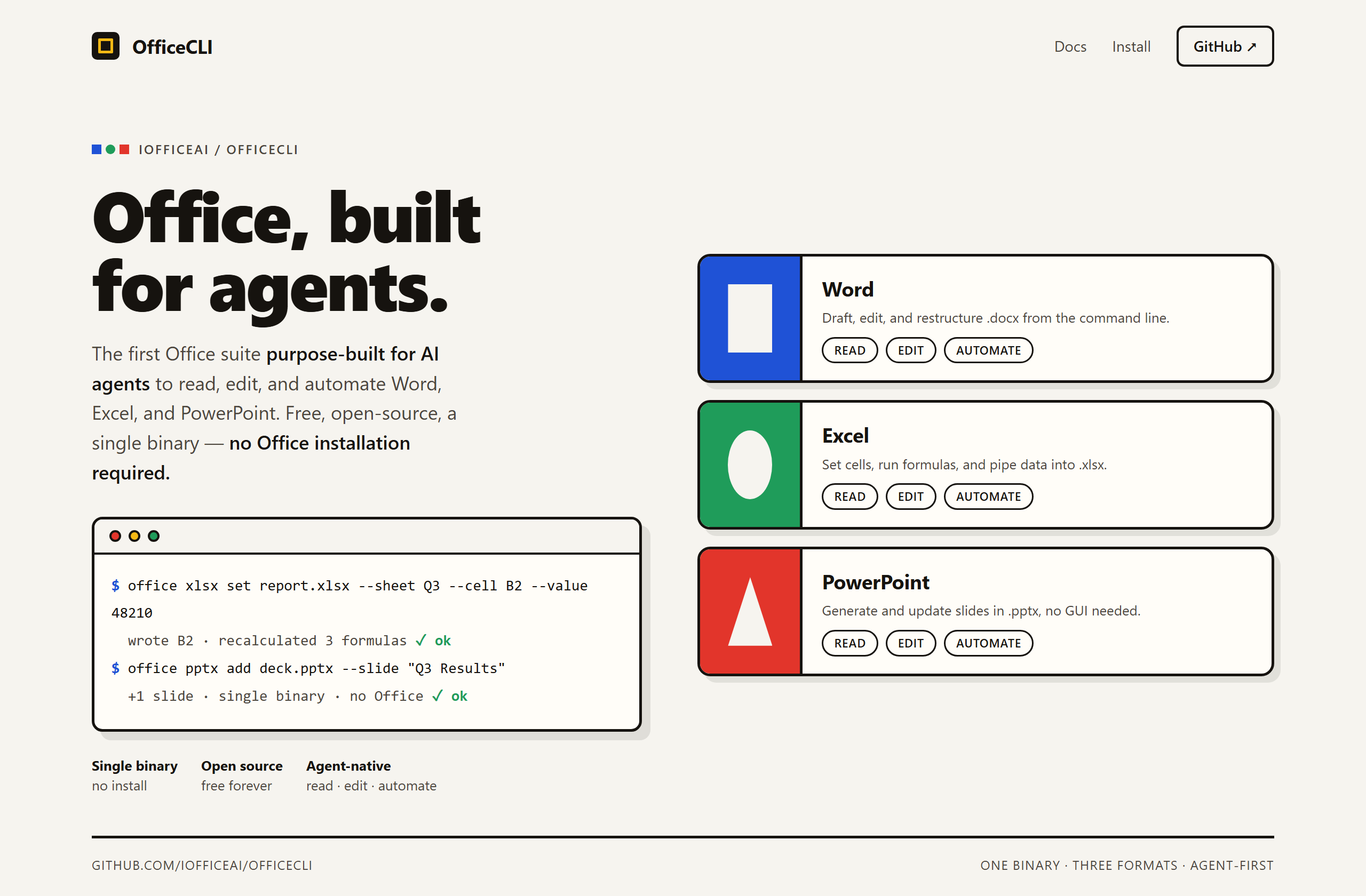 iOfficeAI/OfficeCLI landing-page hero mock, bauhaus style