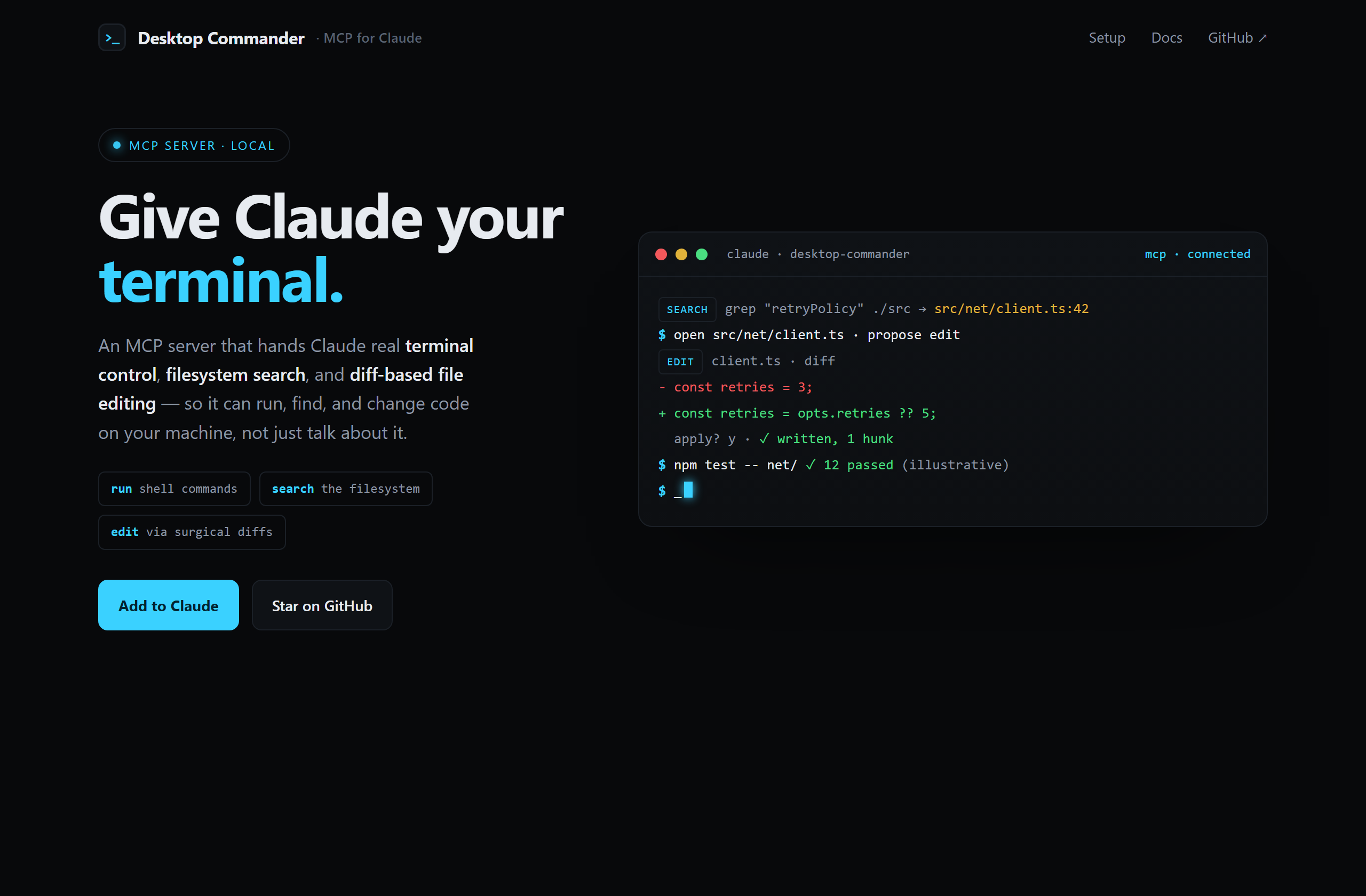 wonderwhy-er/DesktopCommanderMCP landing-page hero mock, terminal-dark style