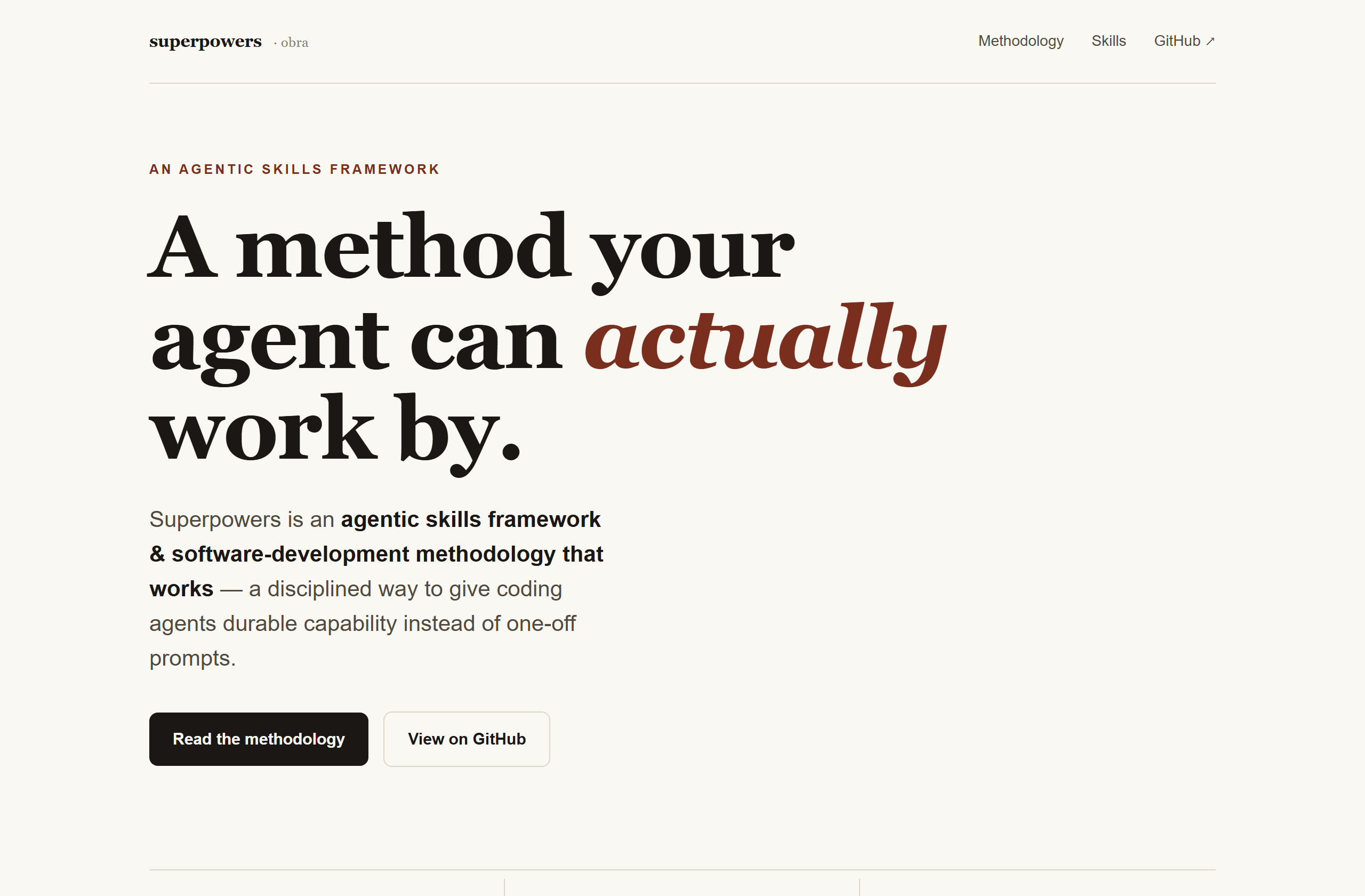 obra/superpowers landing-page hero mock, editorial style
