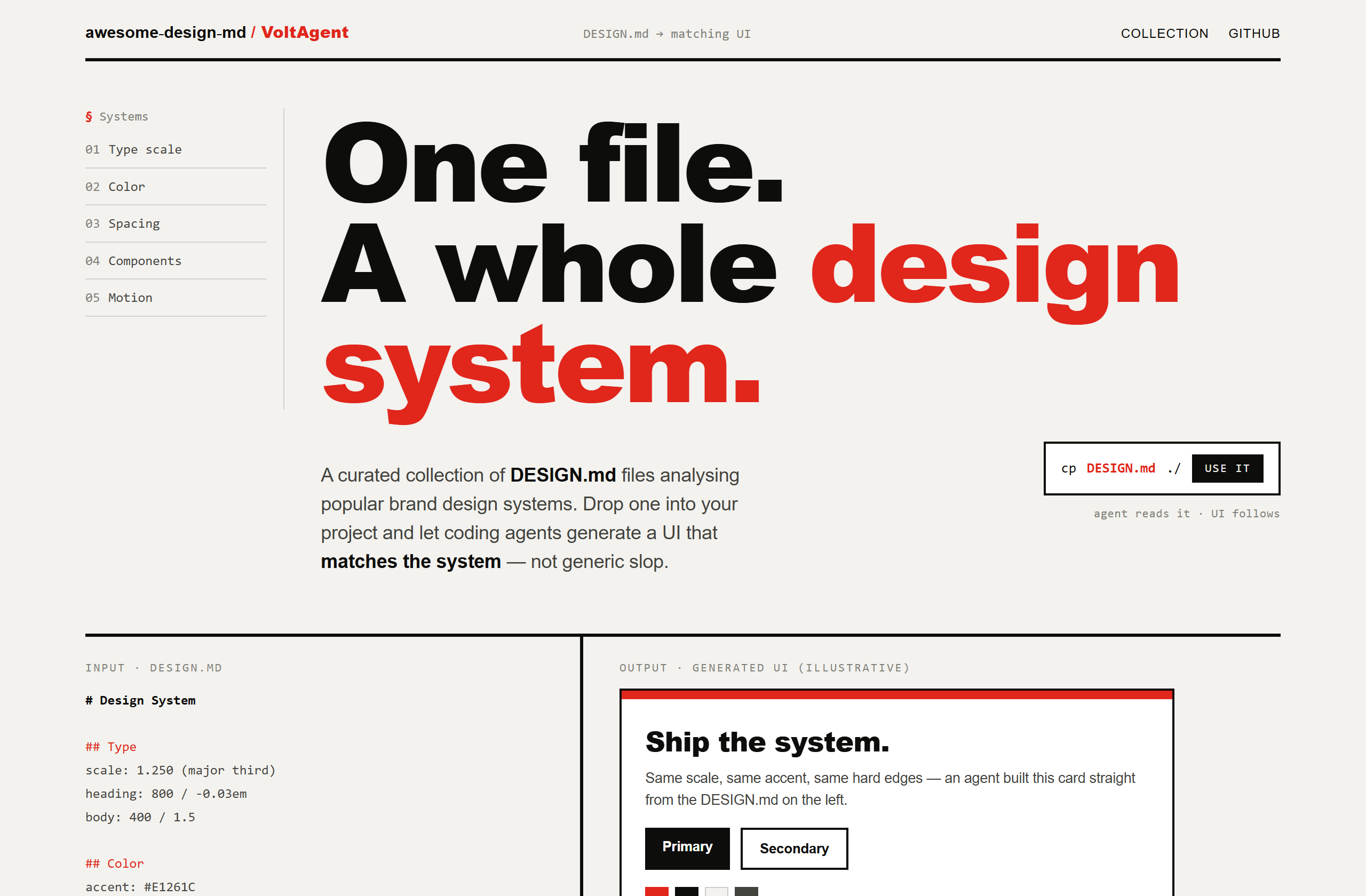VoltAgent/awesome-design-md landing-page hero mock, swiss style