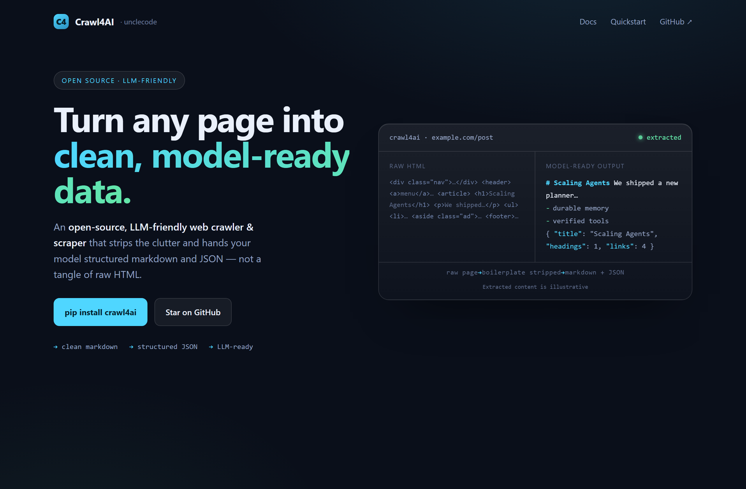 unclecode/crawl4ai landing-page hero mock, glass style