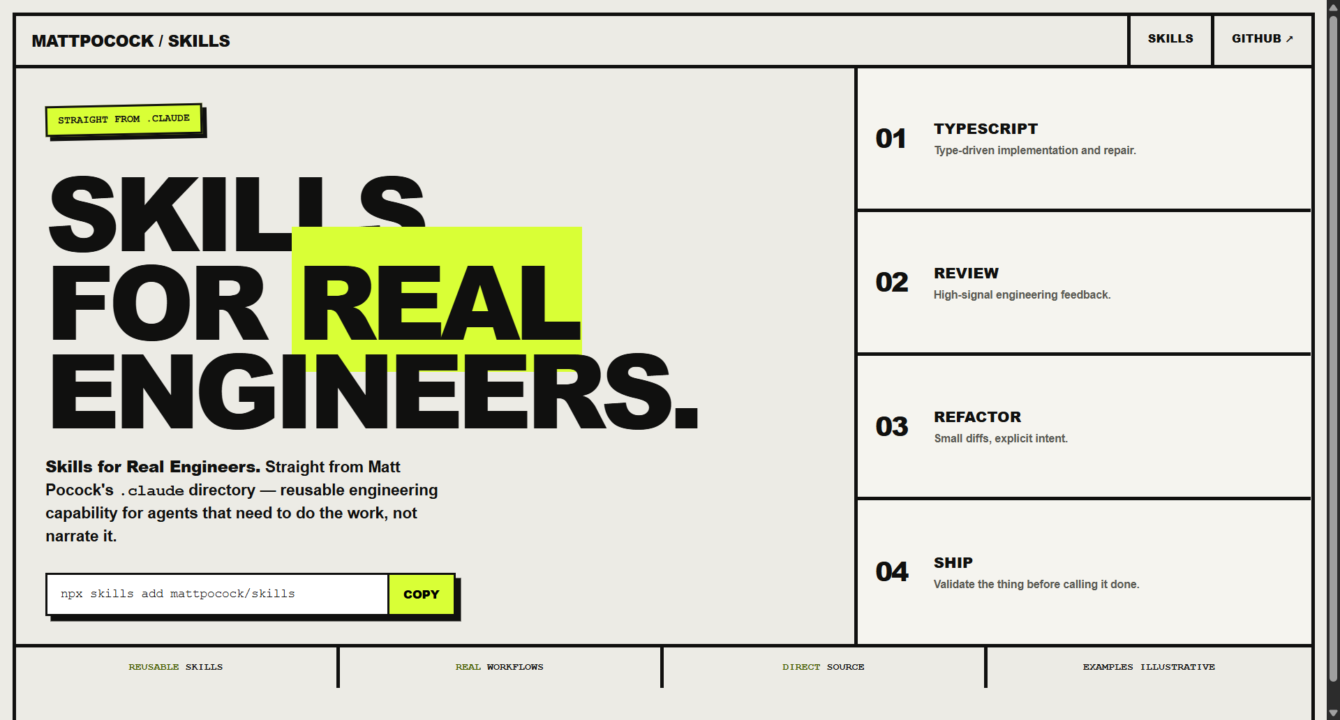 mattpocock/skills landing-page hero mock, brutalist style