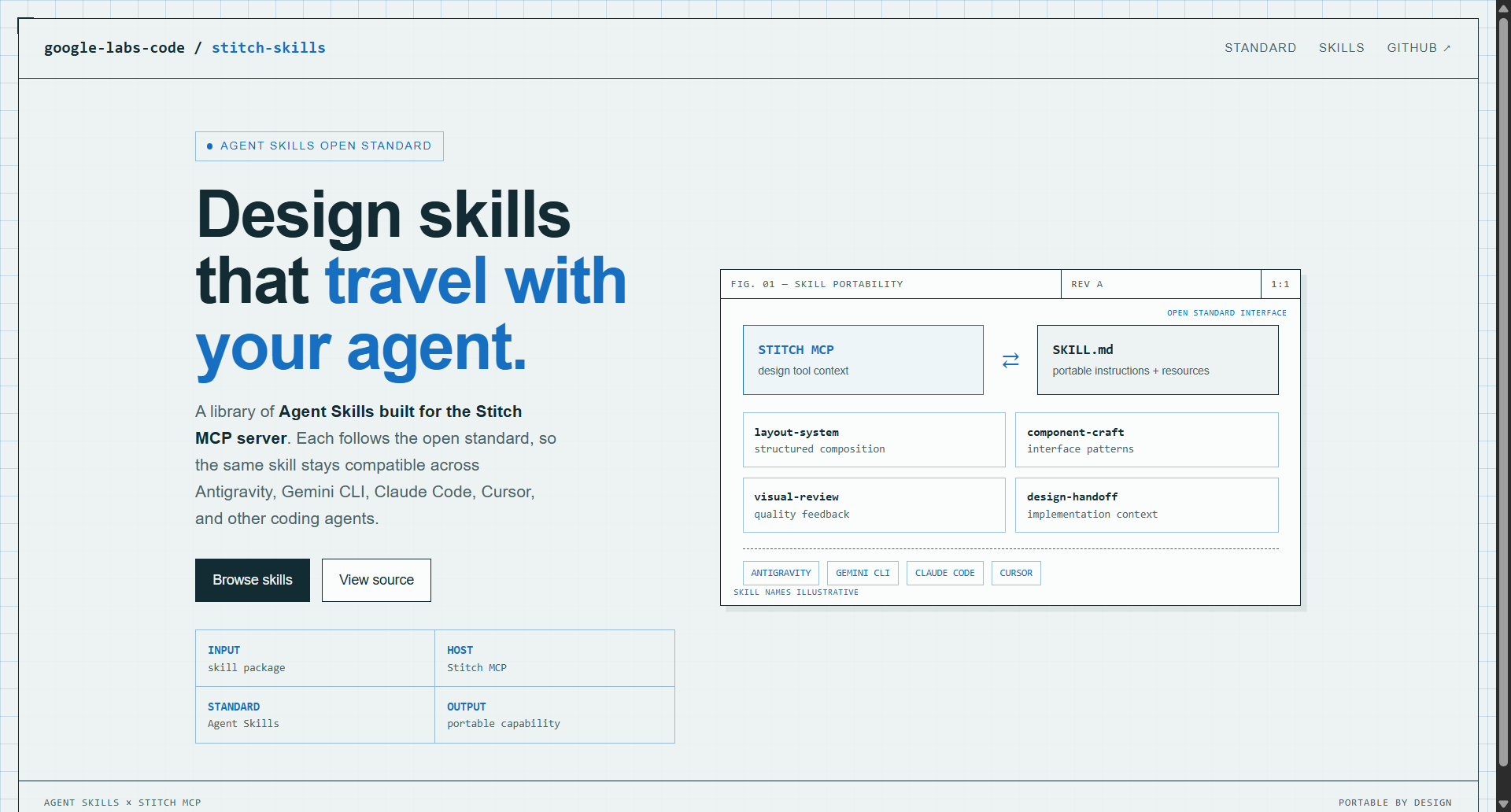 google-labs-code/stitch-skills landing-page hero mock, blueprint style
