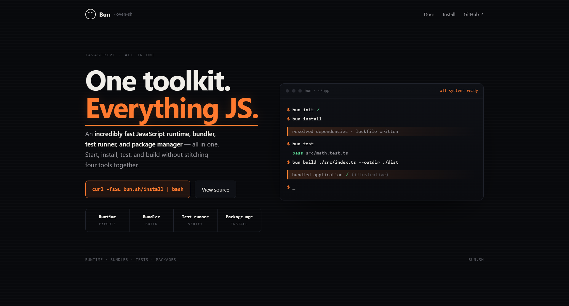 oven-sh/bun landing-page hero mock, neon-noir style