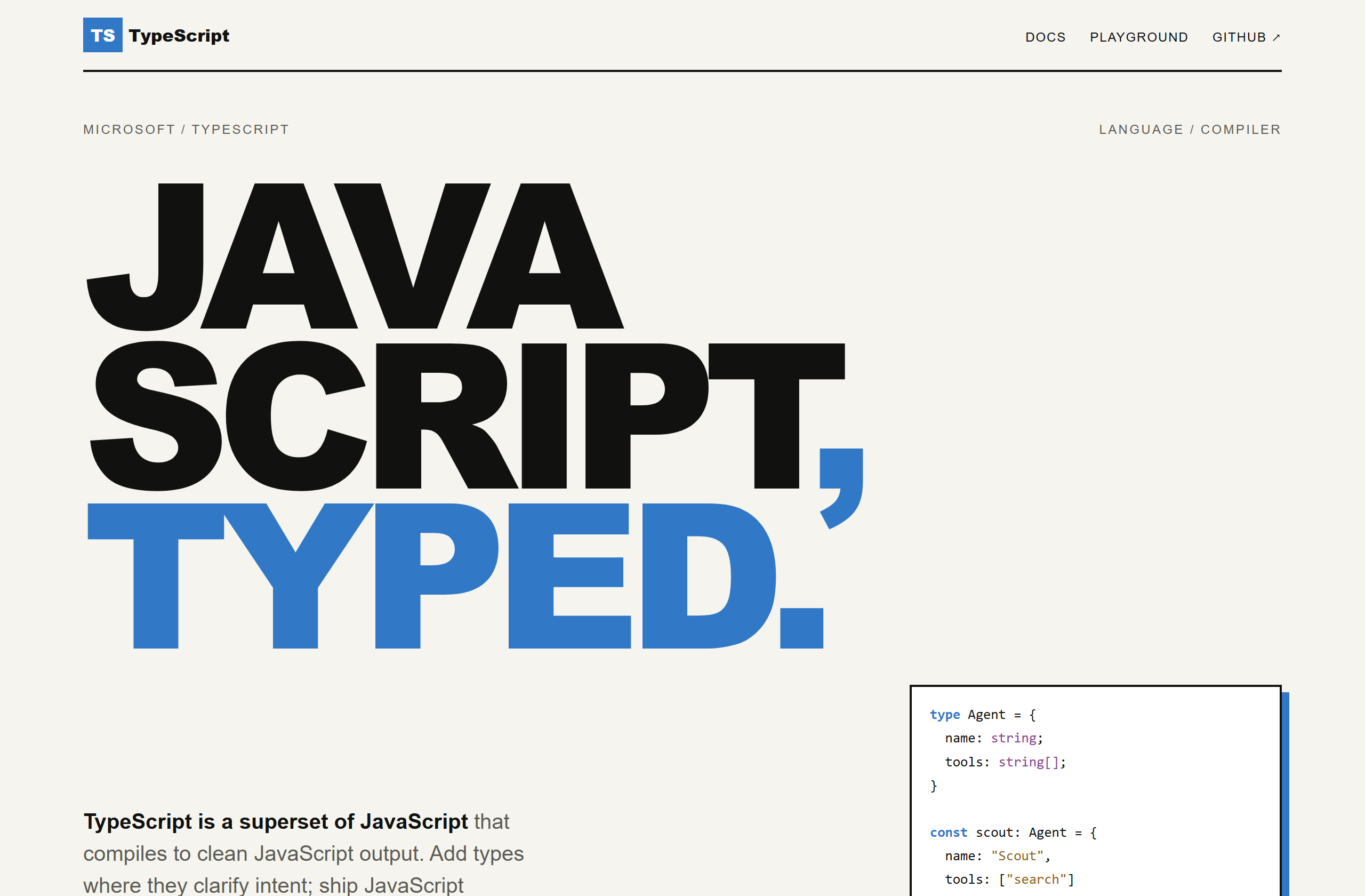 microsoft/TypeScript landing-page hero mock, poster style
