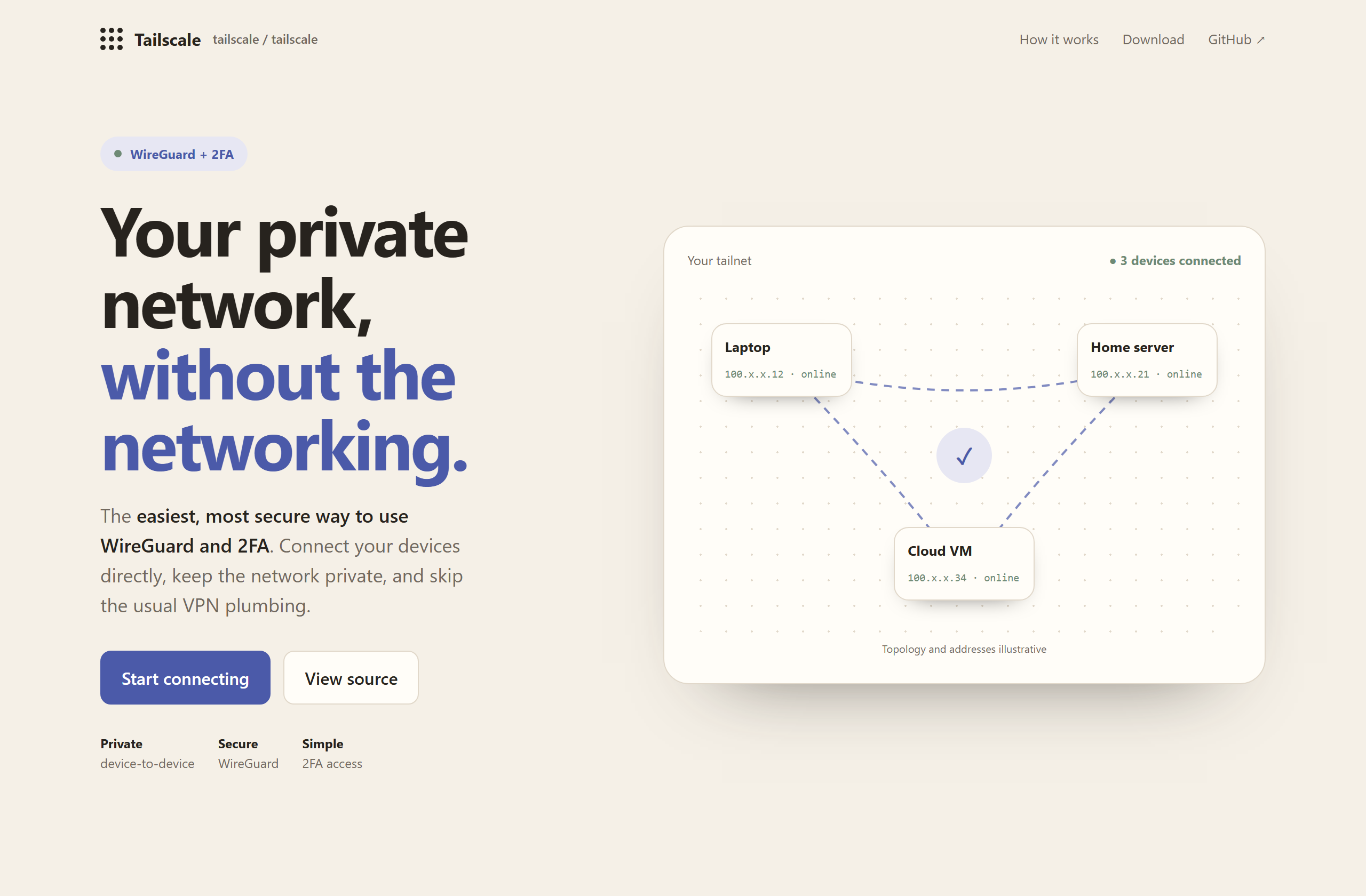 tailscale/tailscale landing-page hero mock, warm-minimal style