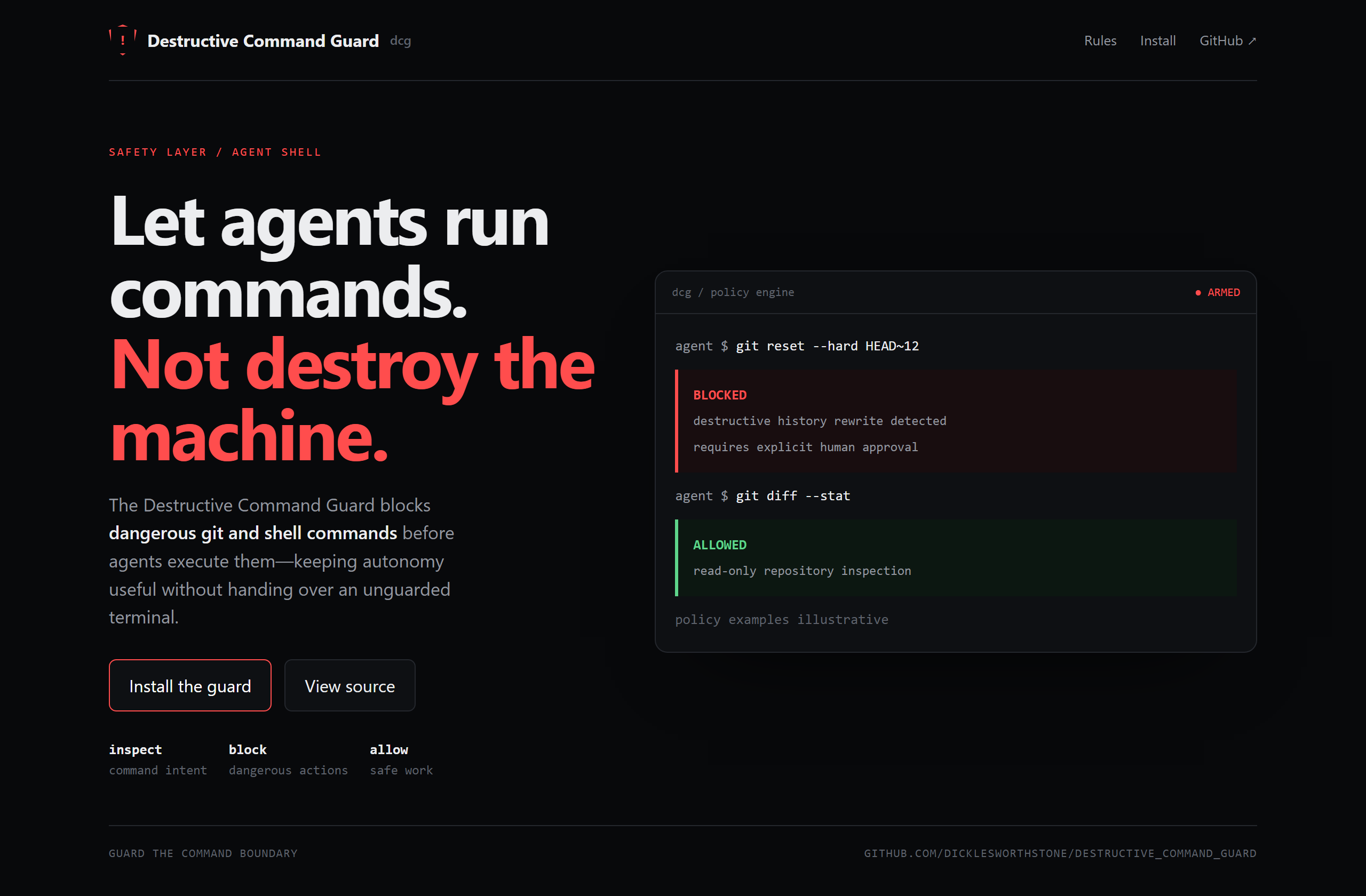 Dicklesworthstone/destructive_command_guard landing-page hero mock, terminal-dark style