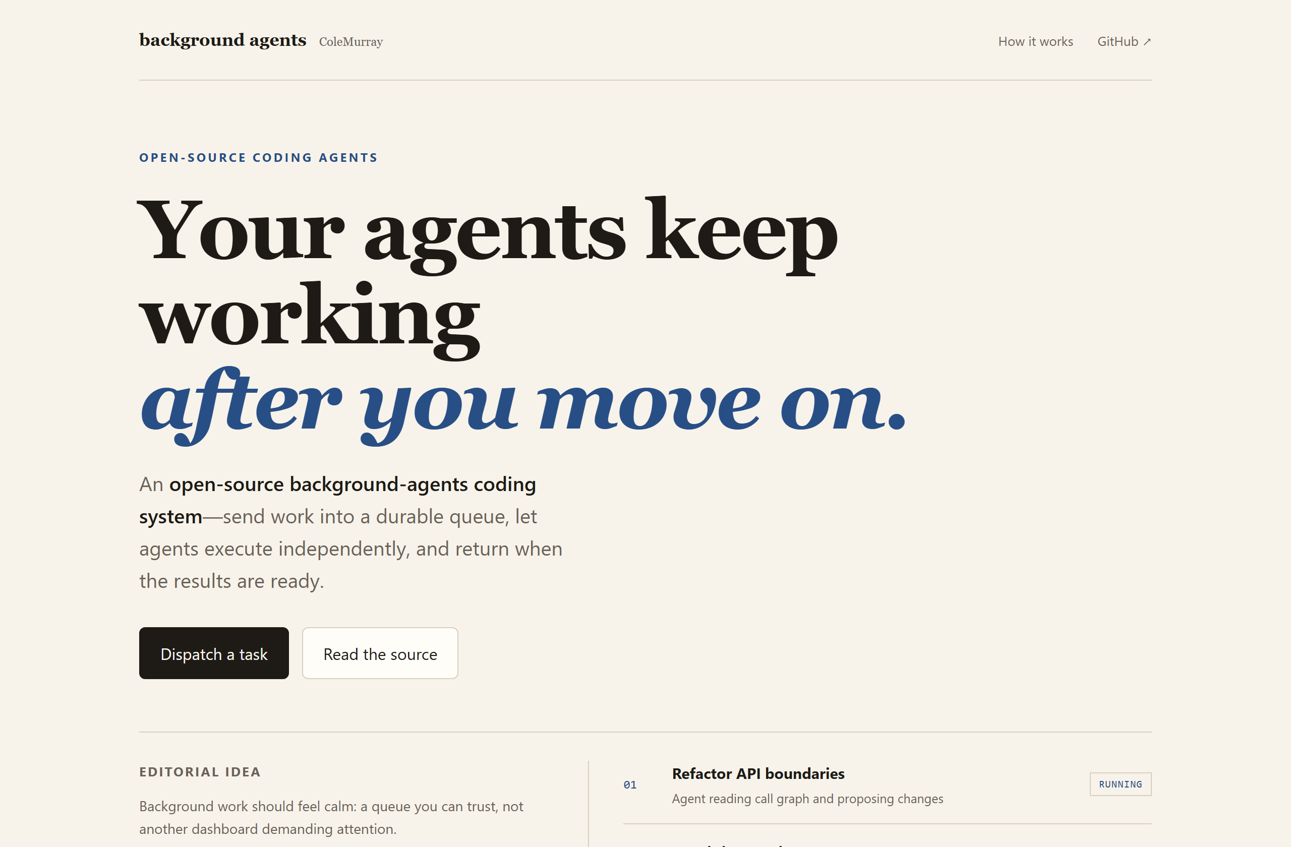 ColeMurray/background-agents landing-page hero mock, editorial style
