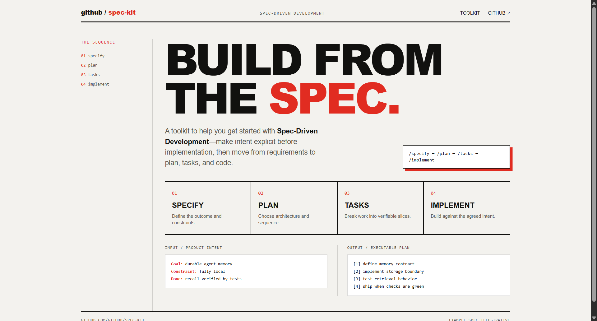 github/spec-kit landing-page hero mock, swiss style