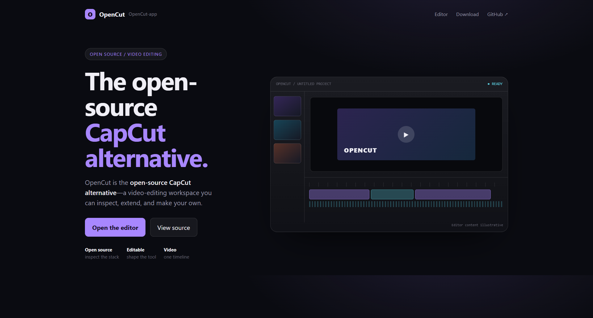 OpenCut-app/OpenCut landing-page hero mock, glass style