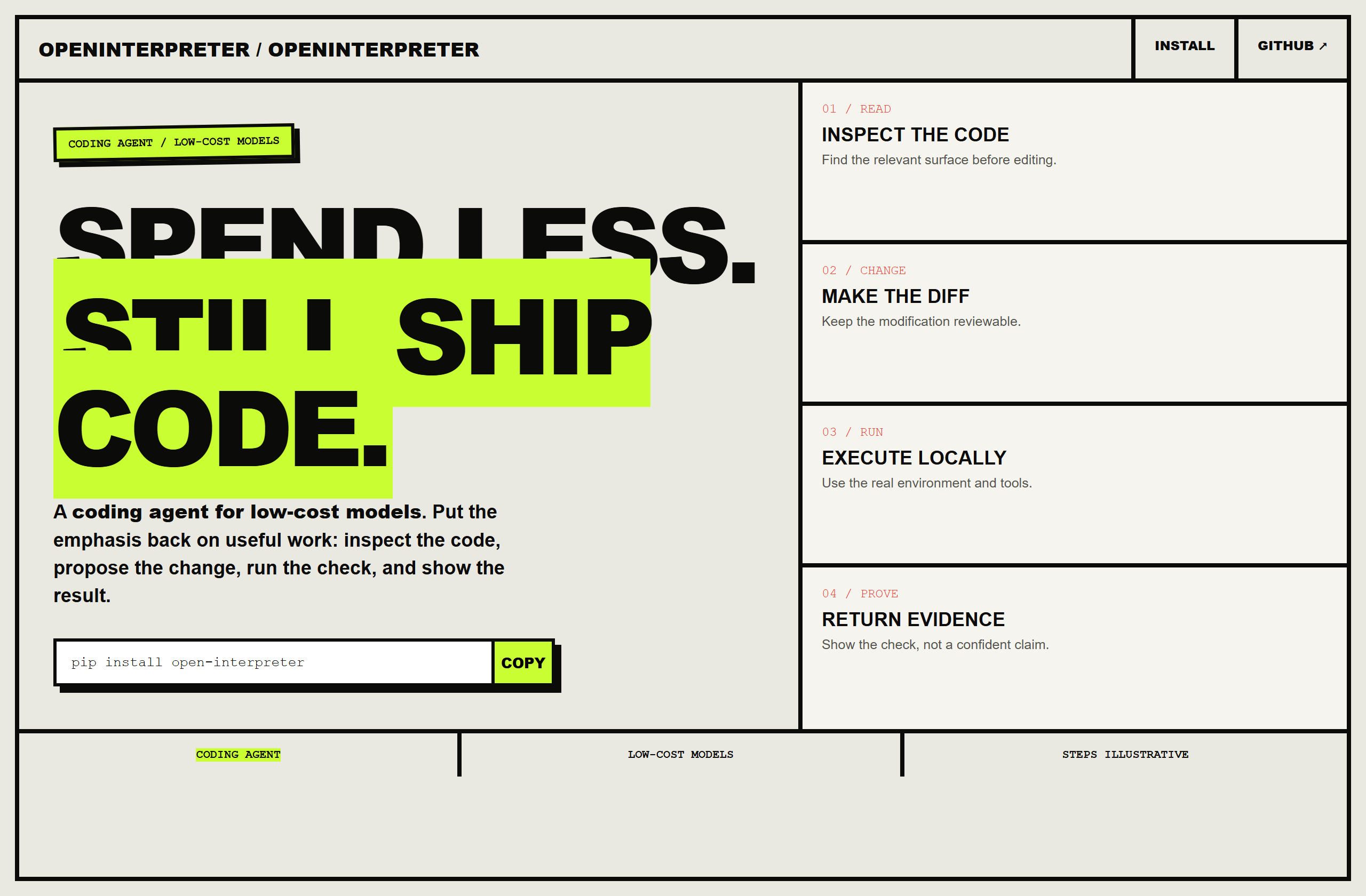 openinterpreter/openinterpreter landing-page hero mock, brutalist style