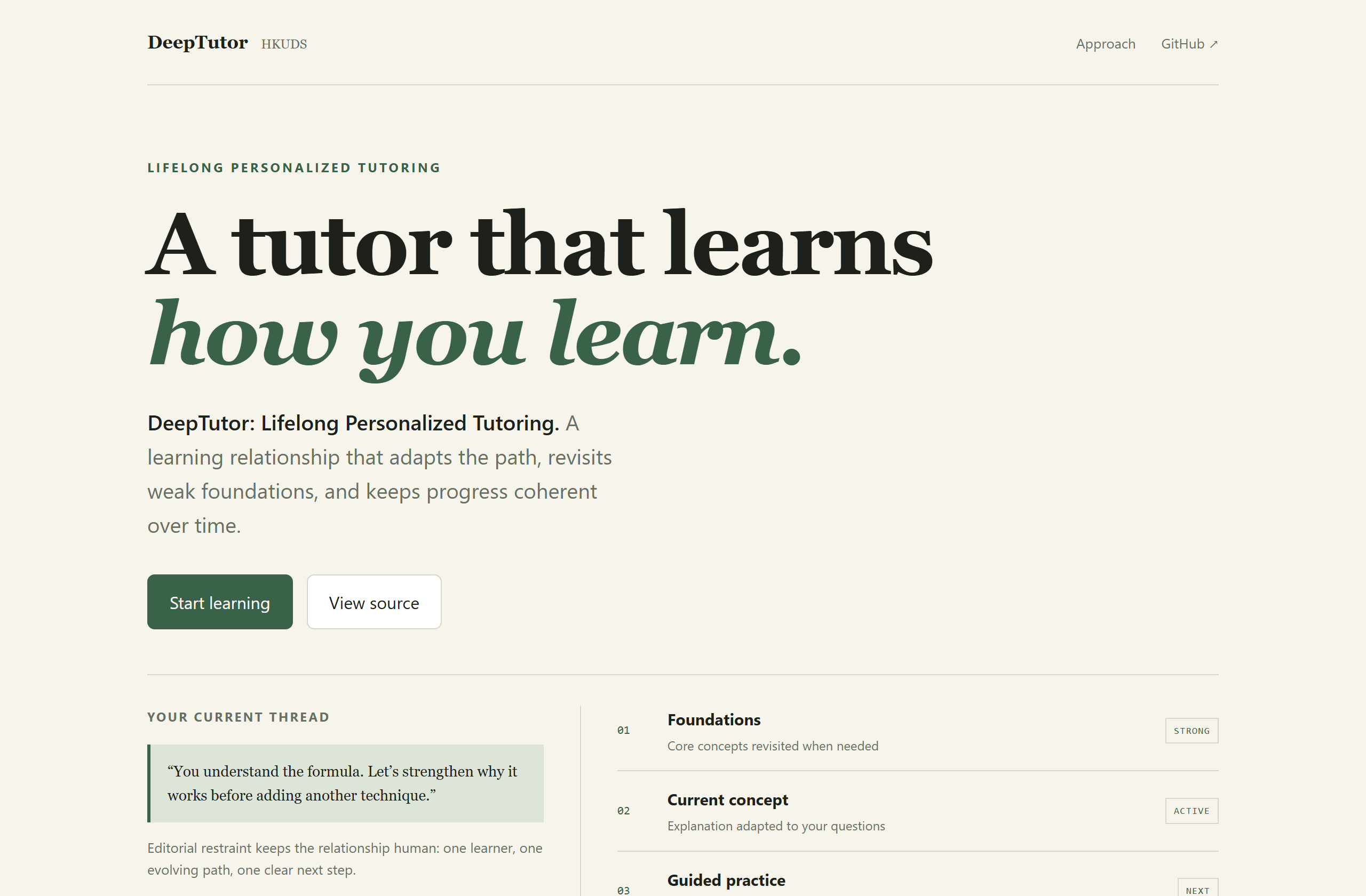 HKUDS/DeepTutor landing-page hero mock, editorial style