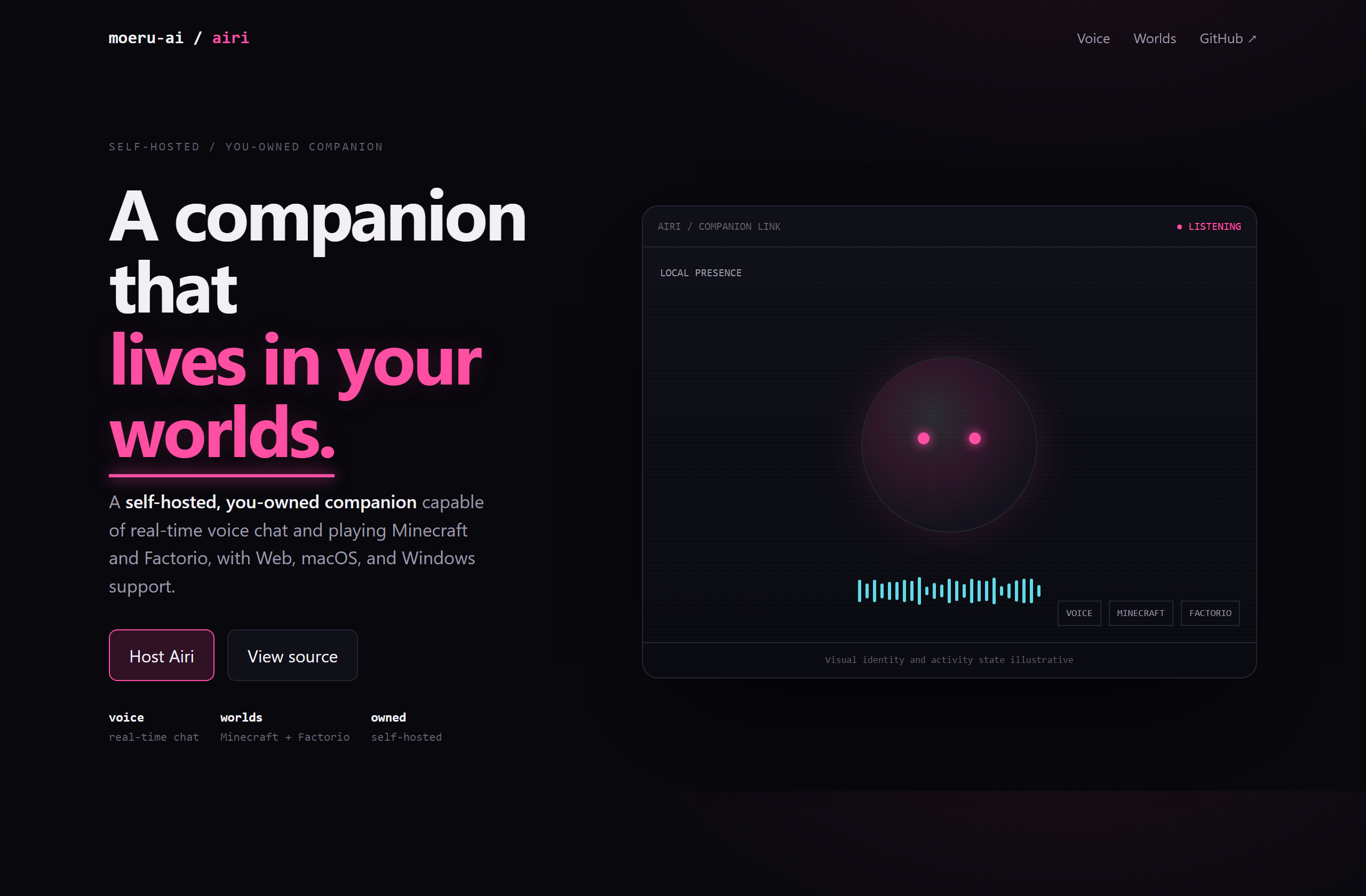 moeru-ai/airi landing-page hero mock, neon-noir style