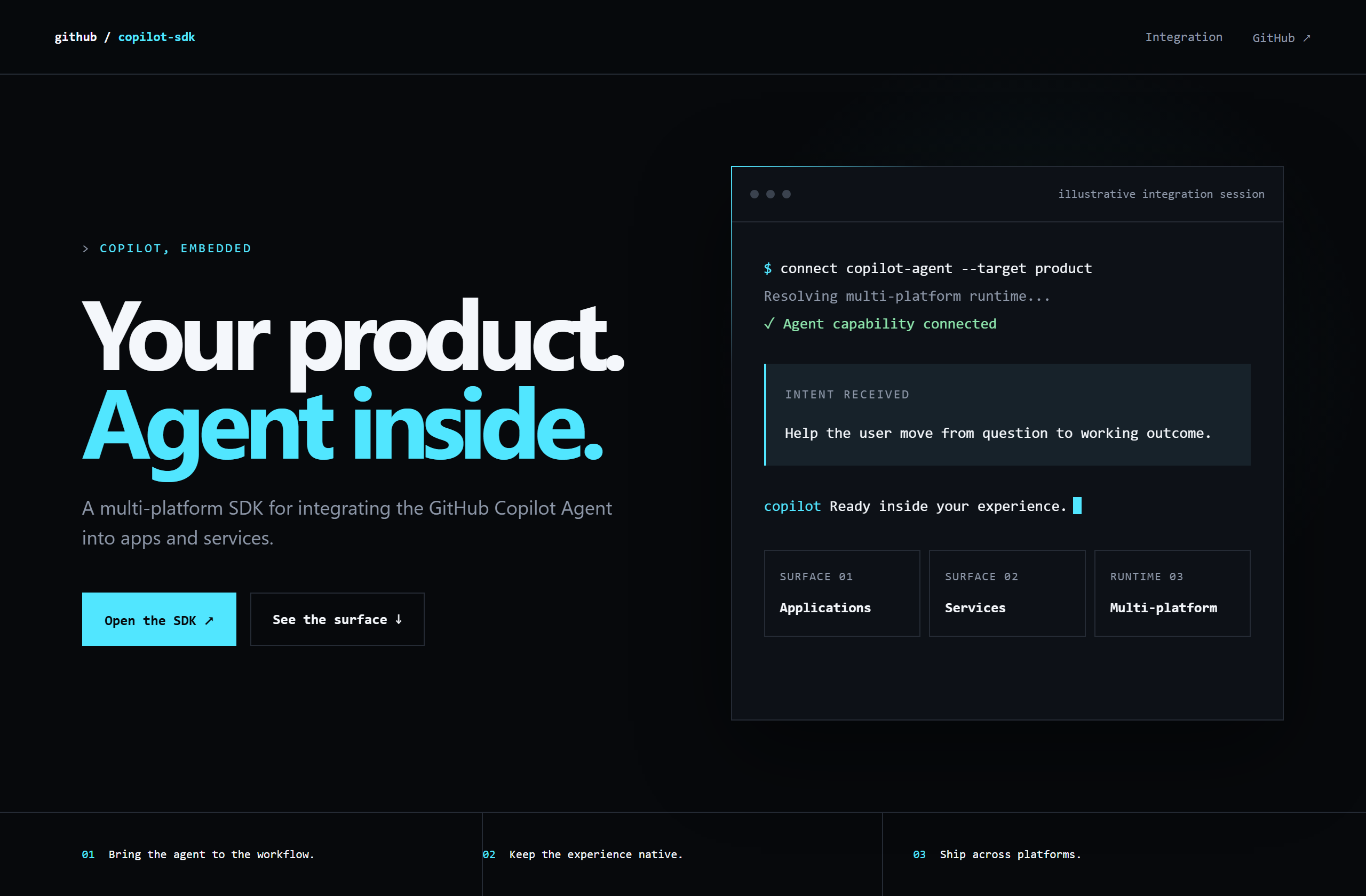 github/copilot-sdk landing-page hero mock, terminal-dark style