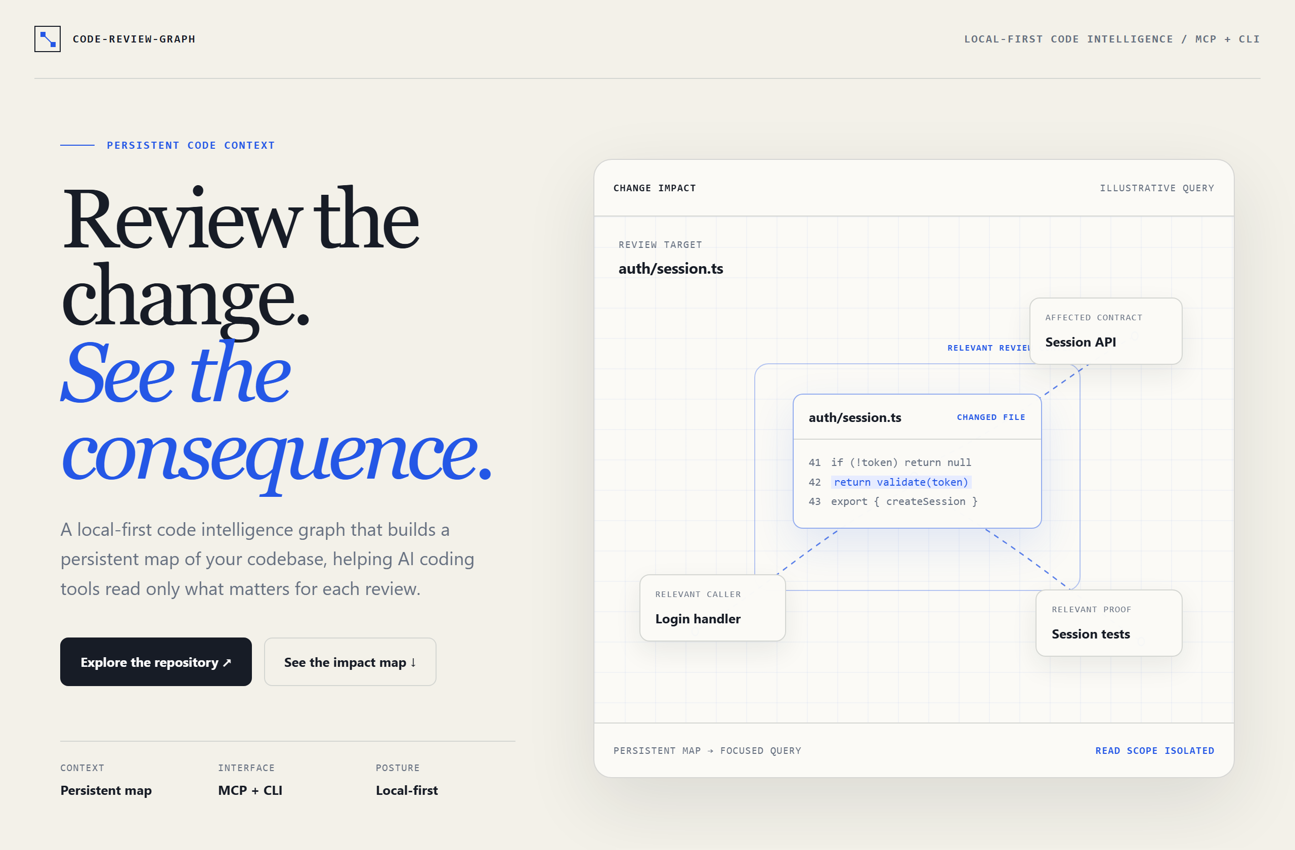 tirth8205/code-review-graph landing-page hero mock, blueprint style