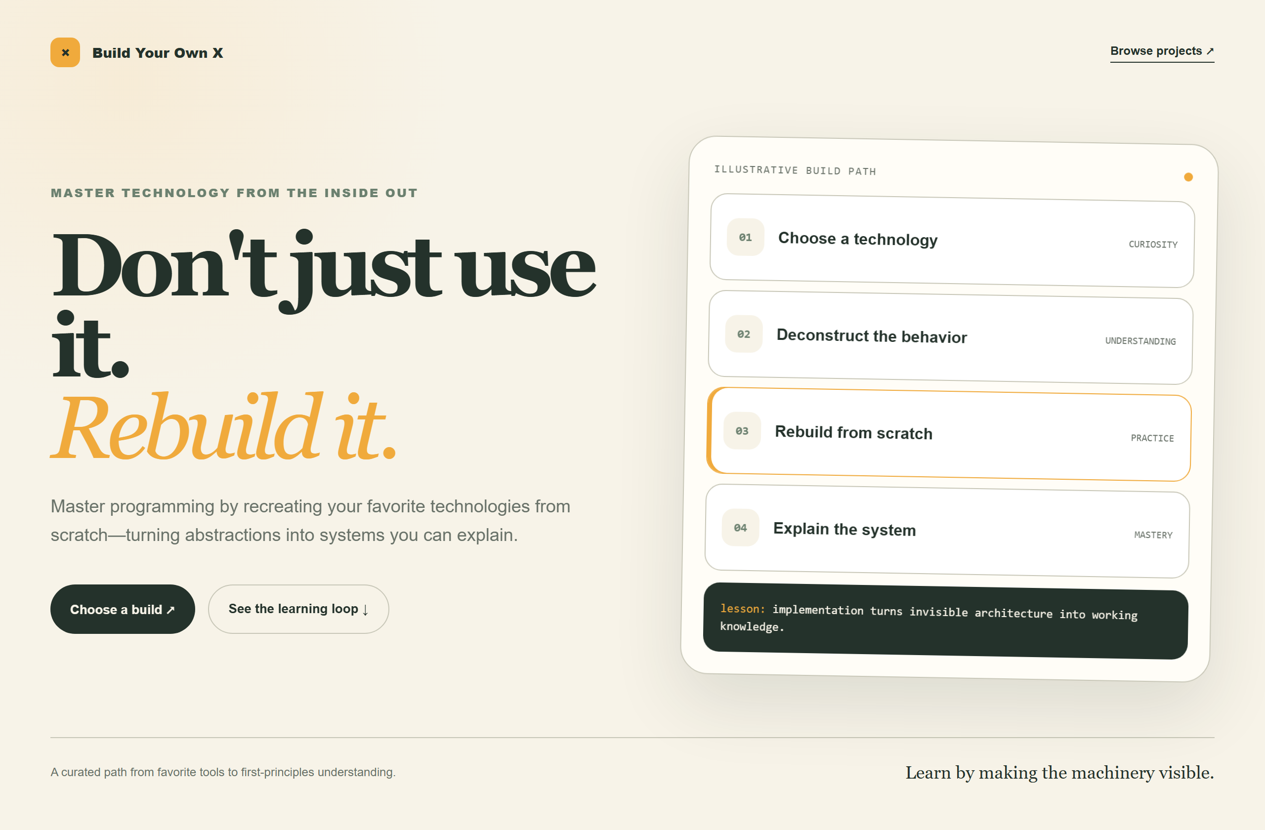 codecrafters-io/build-your-own-x landing-page hero mock, warm-minimal style