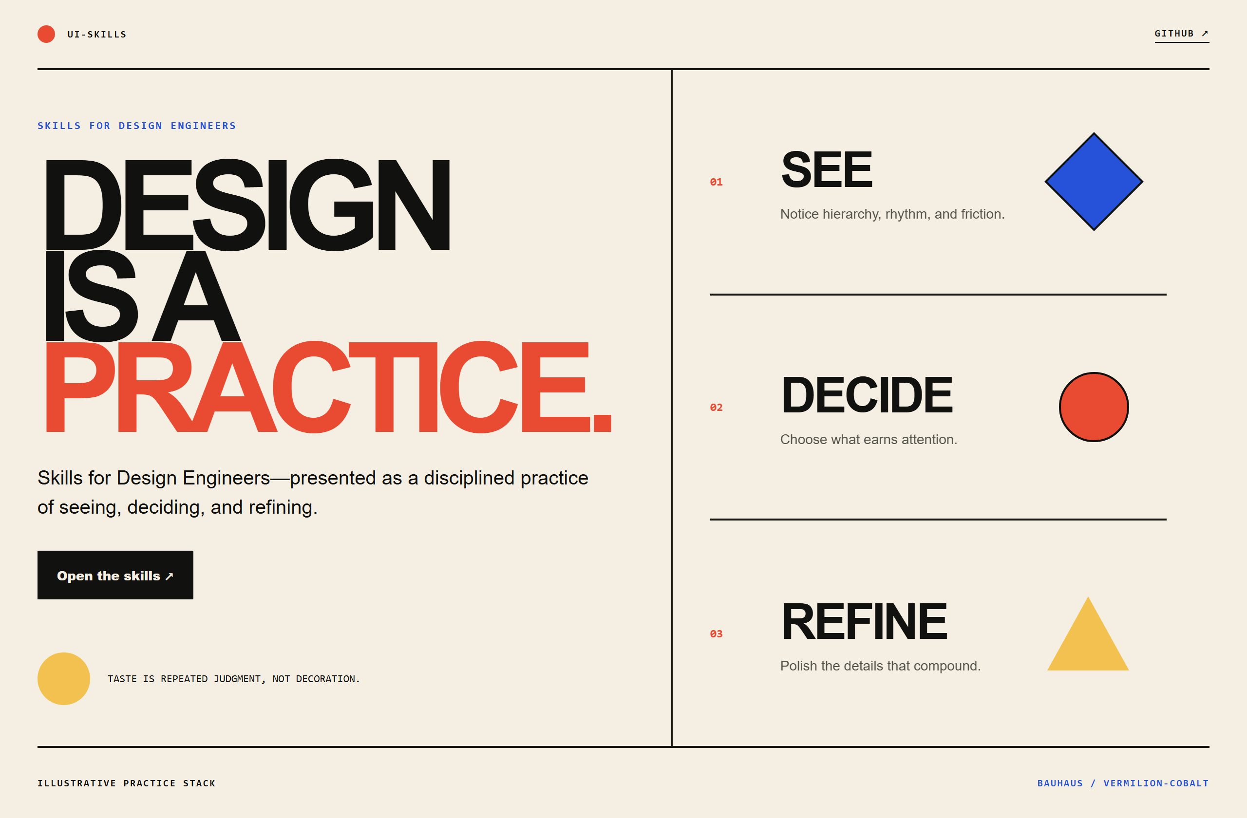 ibelick/ui-skills landing-page hero mock, bauhaus style