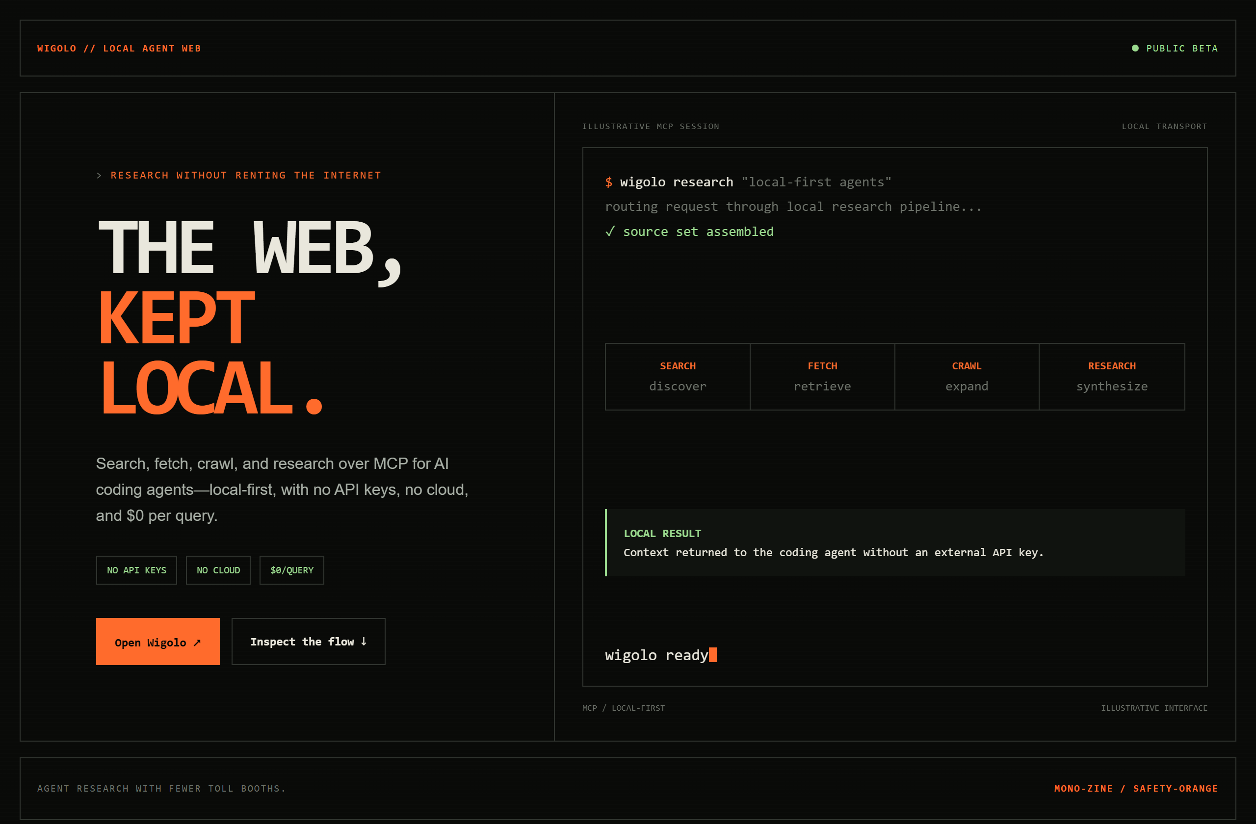 KnockOutEZ/wigolo landing-page hero mock, mono-zine style