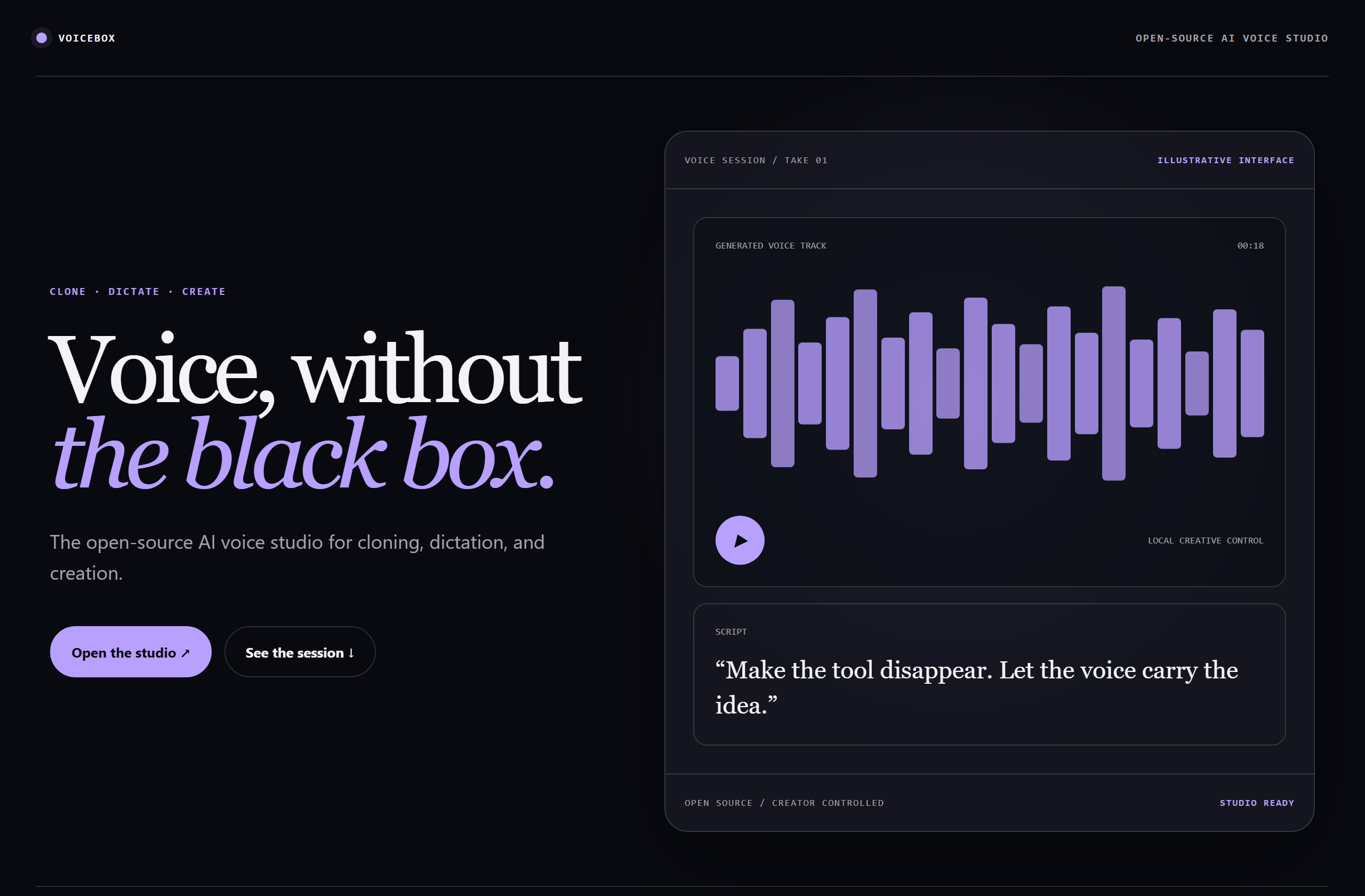 jamiepine/voicebox landing-page hero mock, glass style