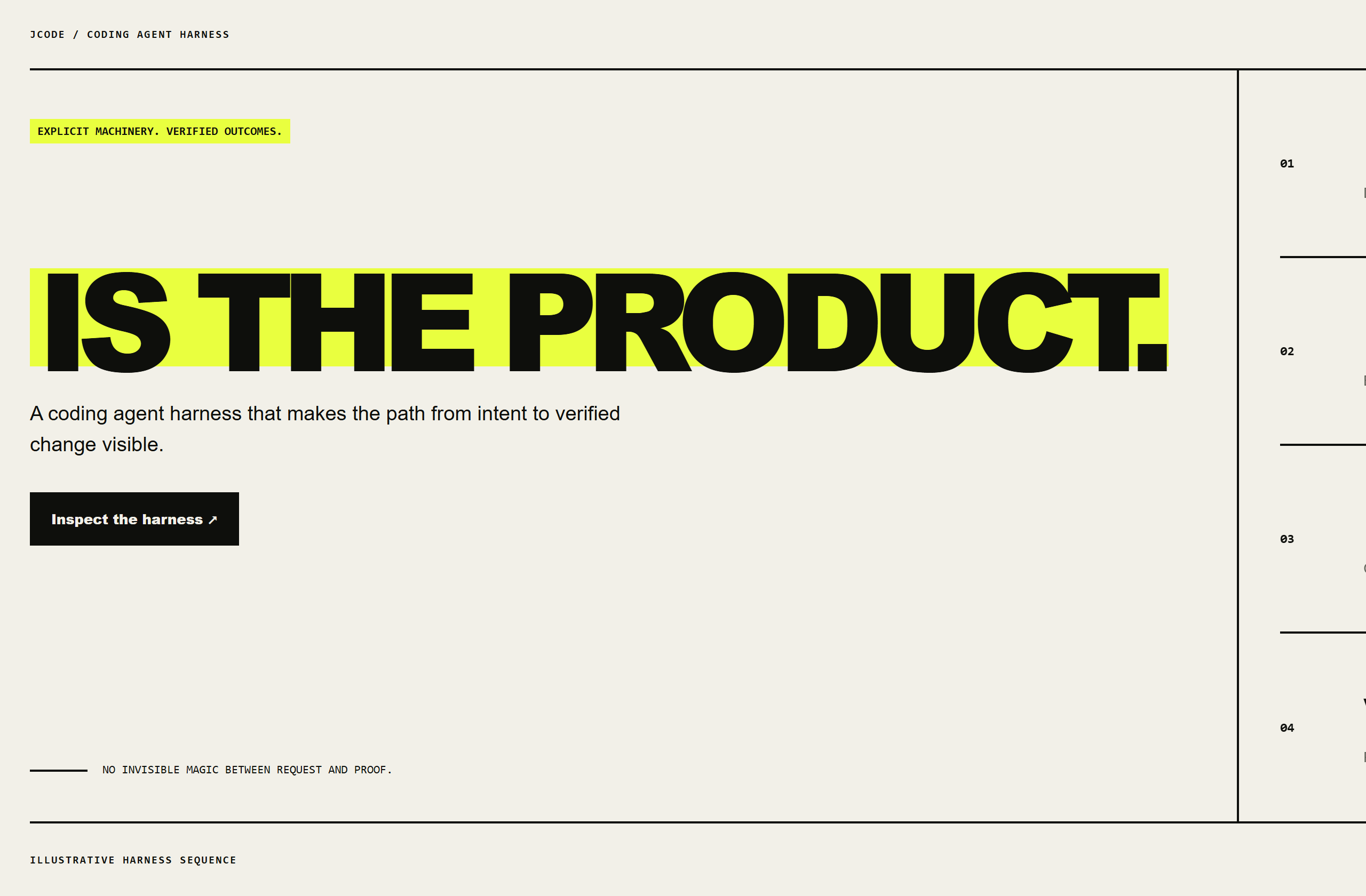1jehuang/jcode landing-page hero mock, brutalist style