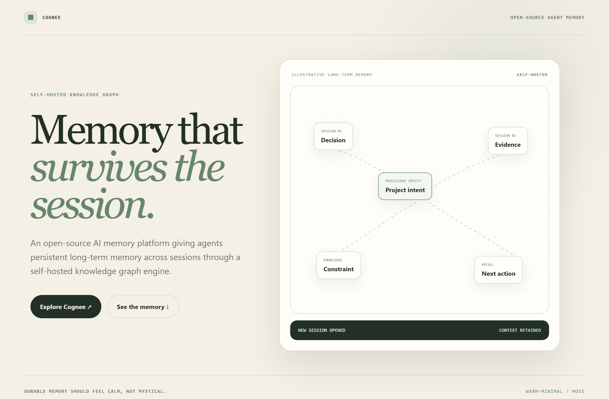 topoteretes/cognee landing-page hero mock, warm-minimal style
