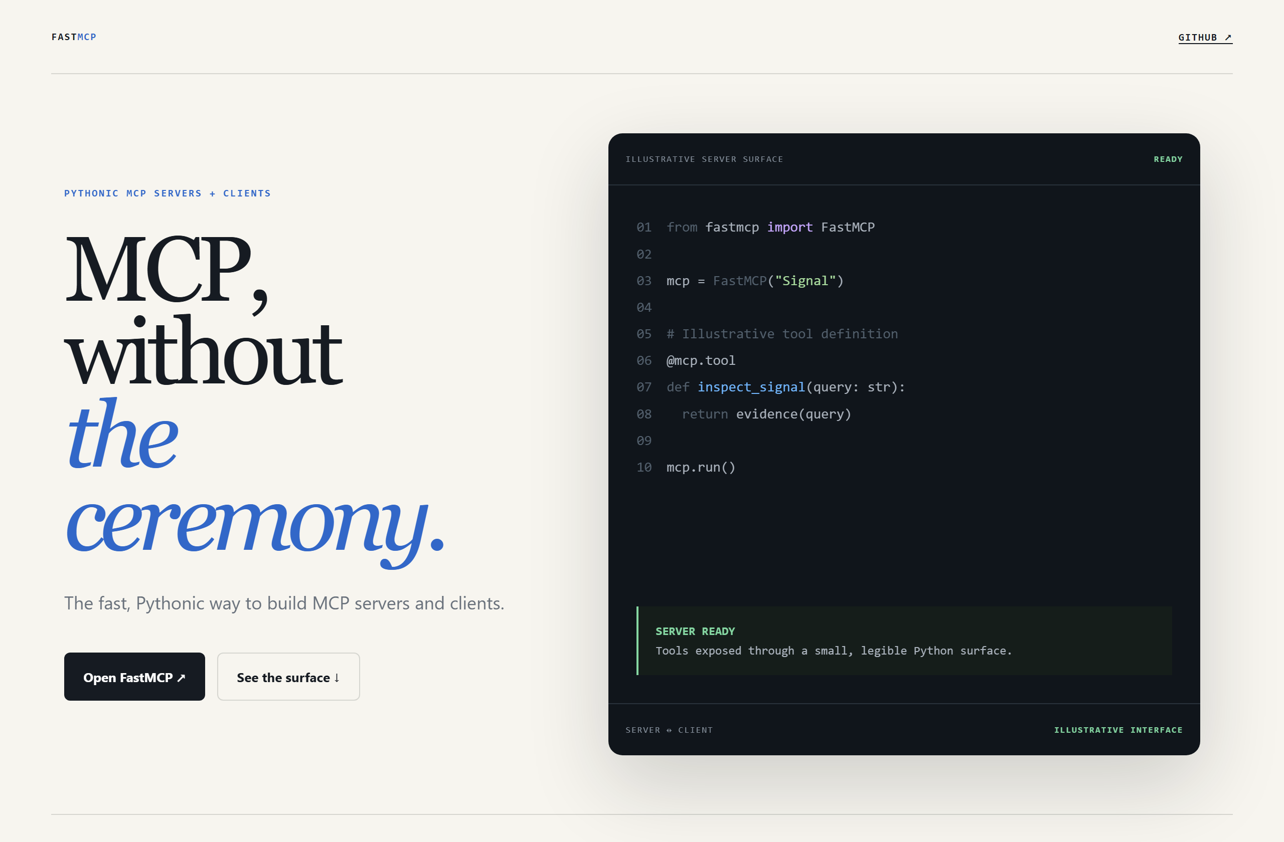 PrefectHQ/fastmcp landing-page hero mock, editorial style