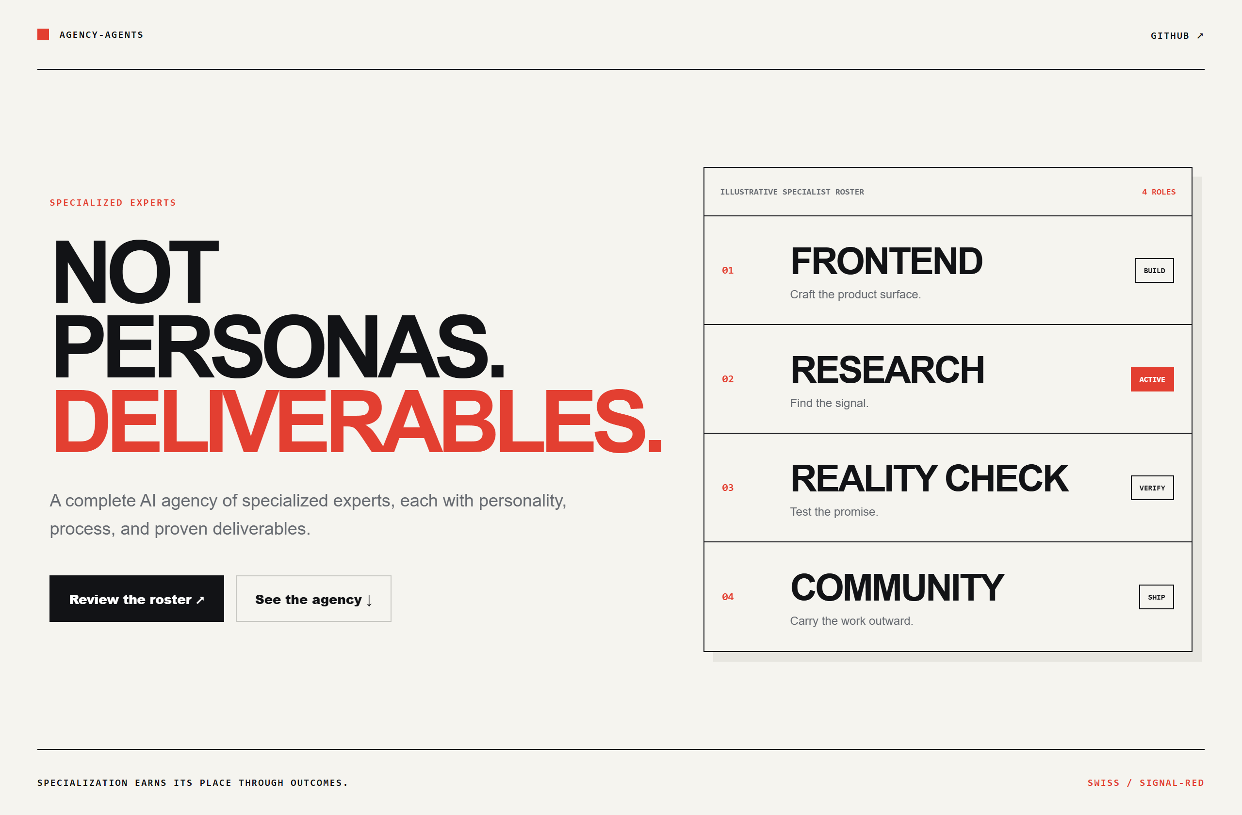 msitarzewski/agency-agents landing-page hero mock, swiss style