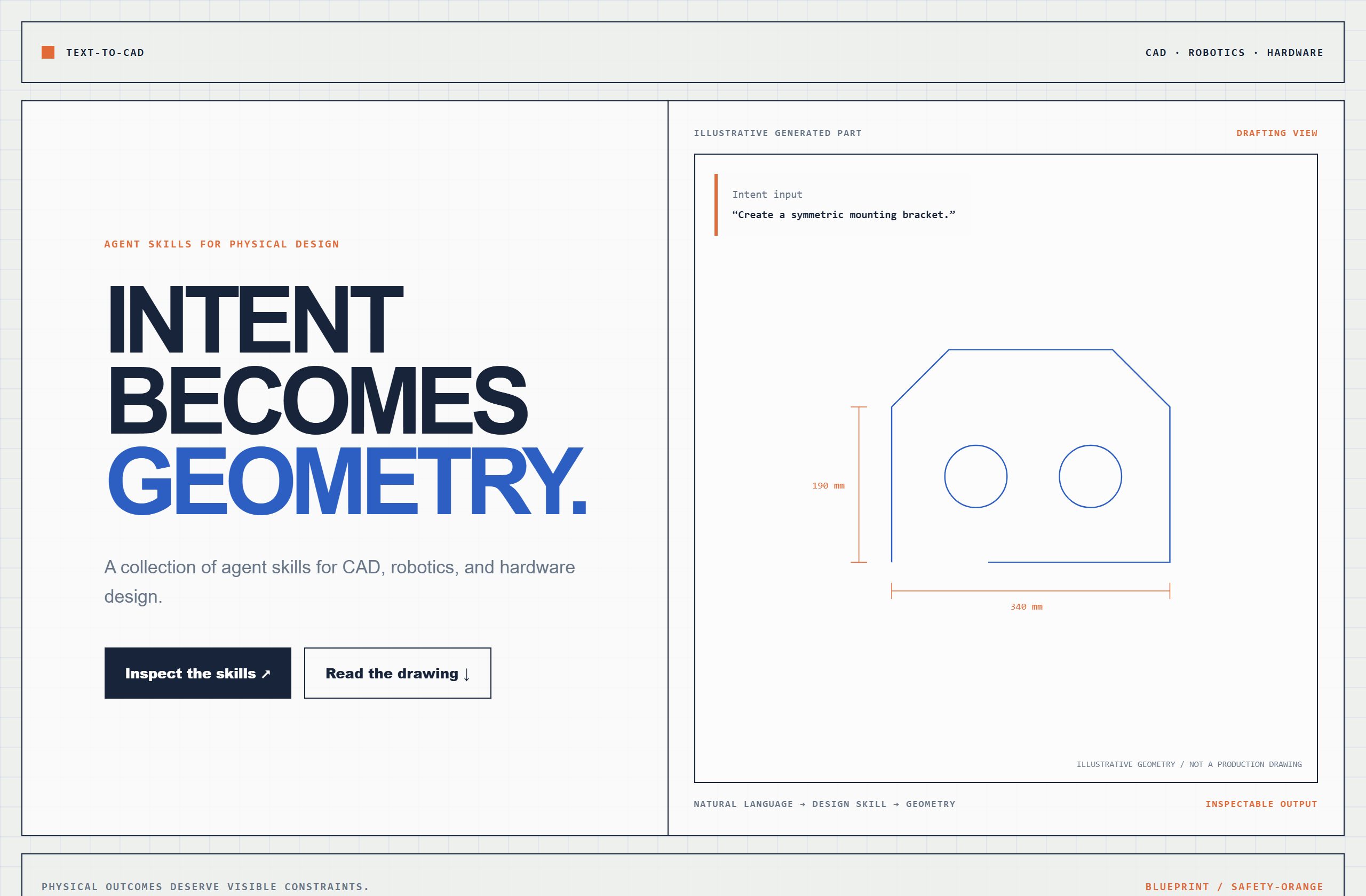 earthtojake/text-to-cad landing-page hero mock, blueprint style
