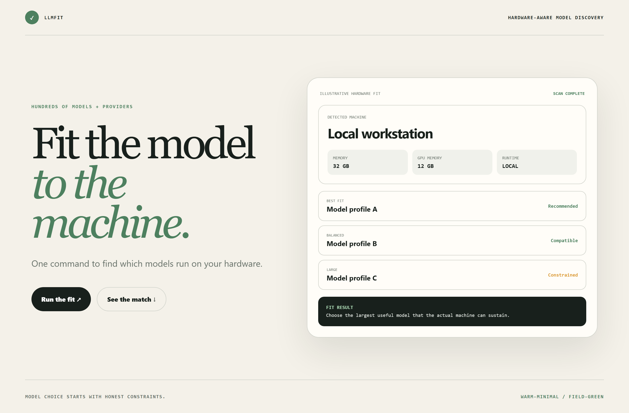 AlexsJones/llmfit landing-page hero mock, warm-minimal style