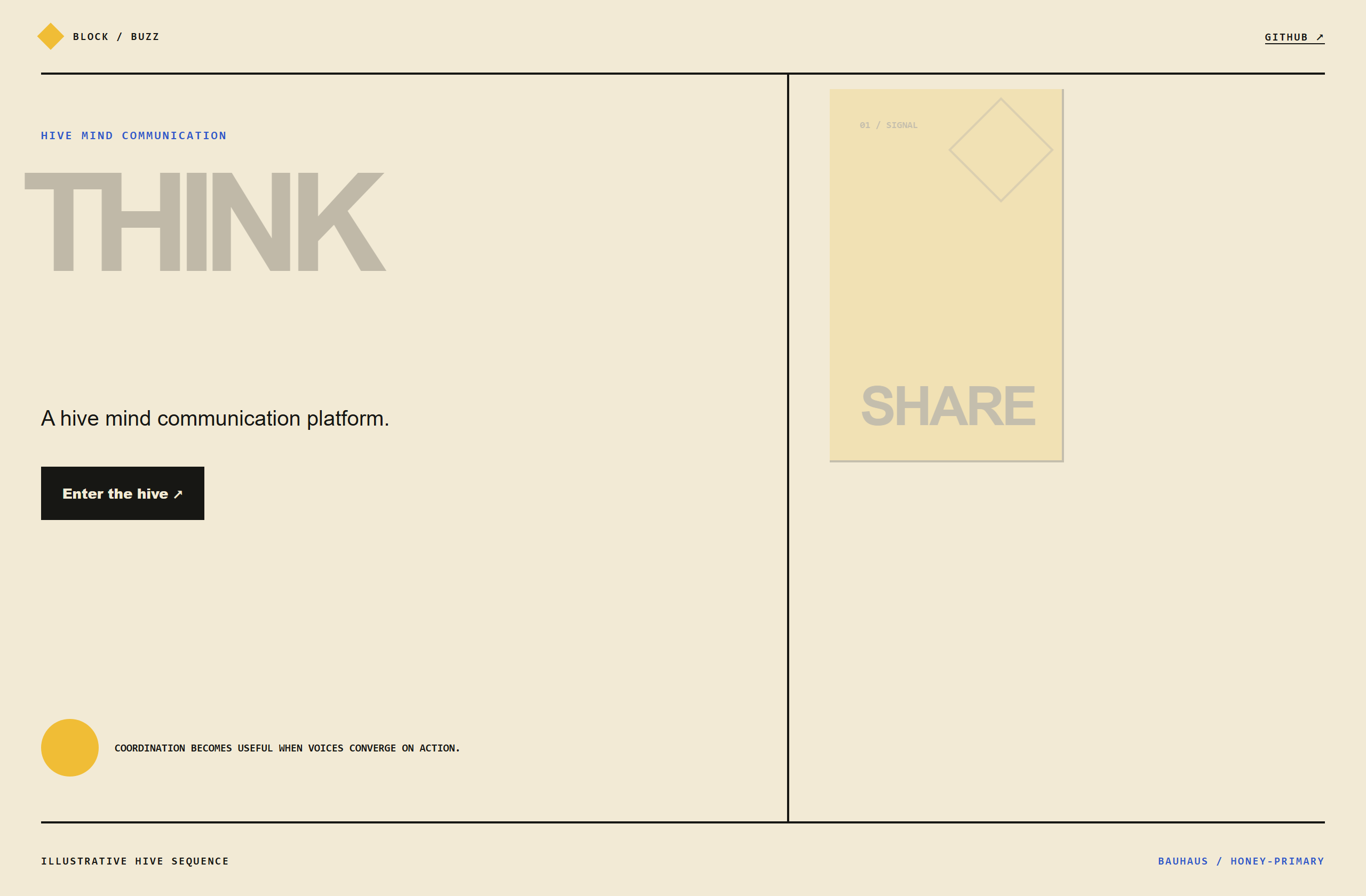 block/buzz landing-page hero mock, bauhaus style