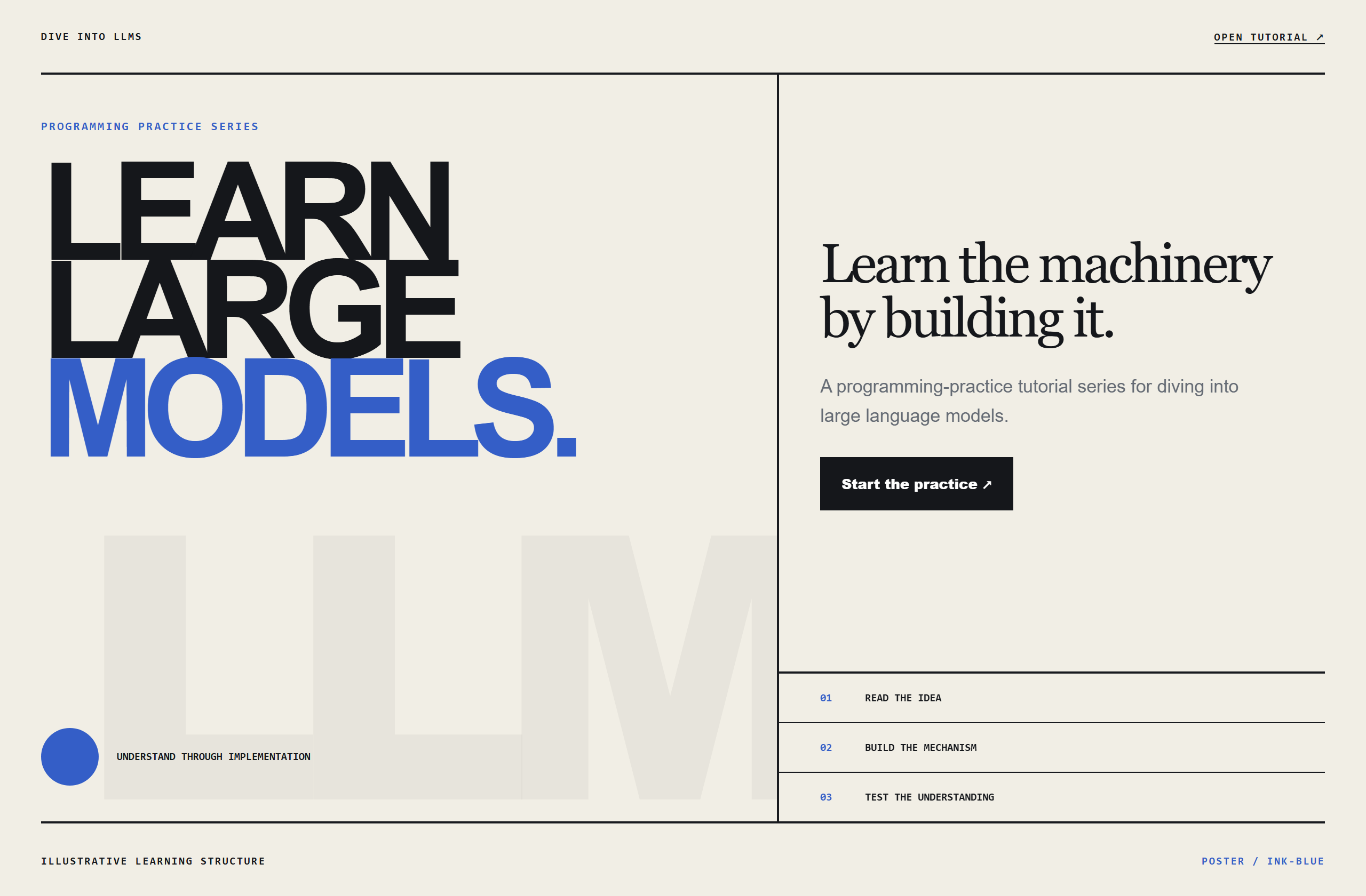 Lordog/dive-into-llms landing-page hero mock, poster style