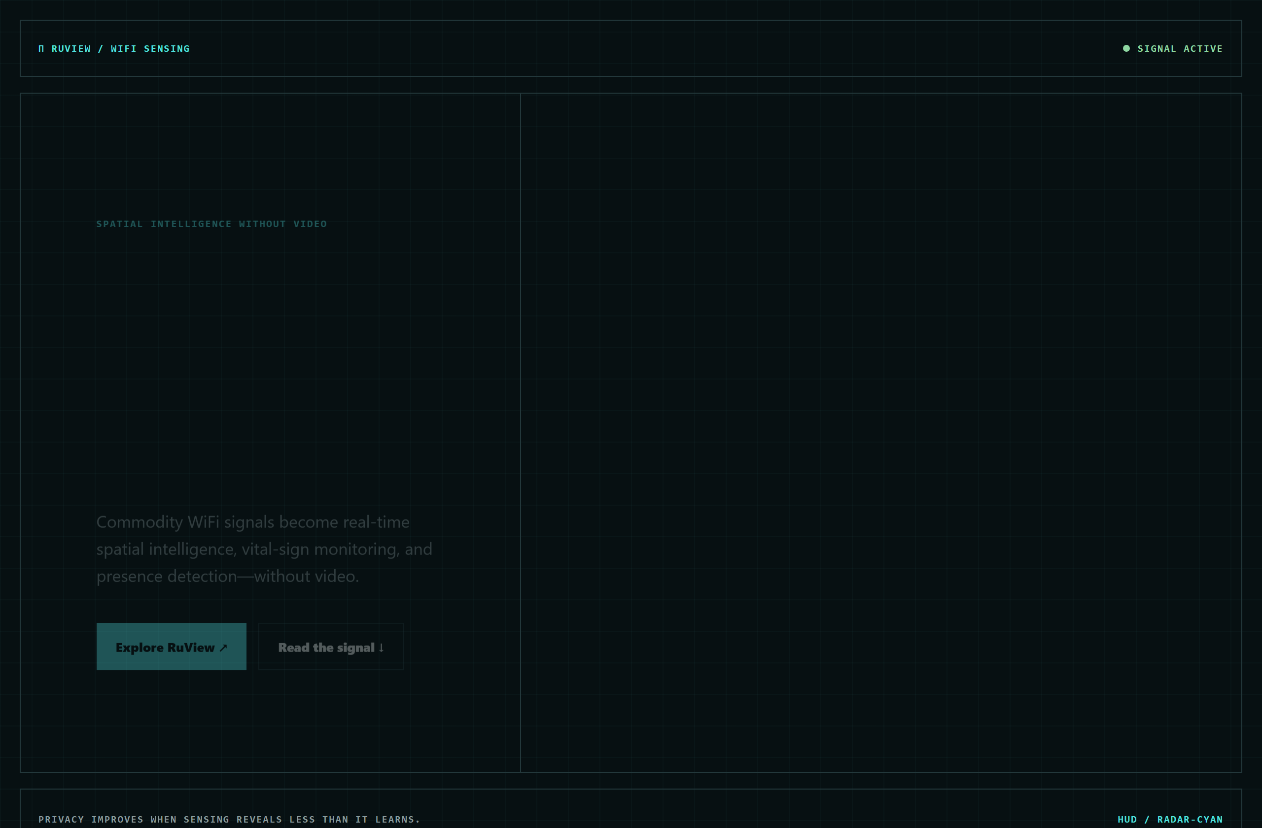 ruvnet/RuView landing-page hero mock, hud style