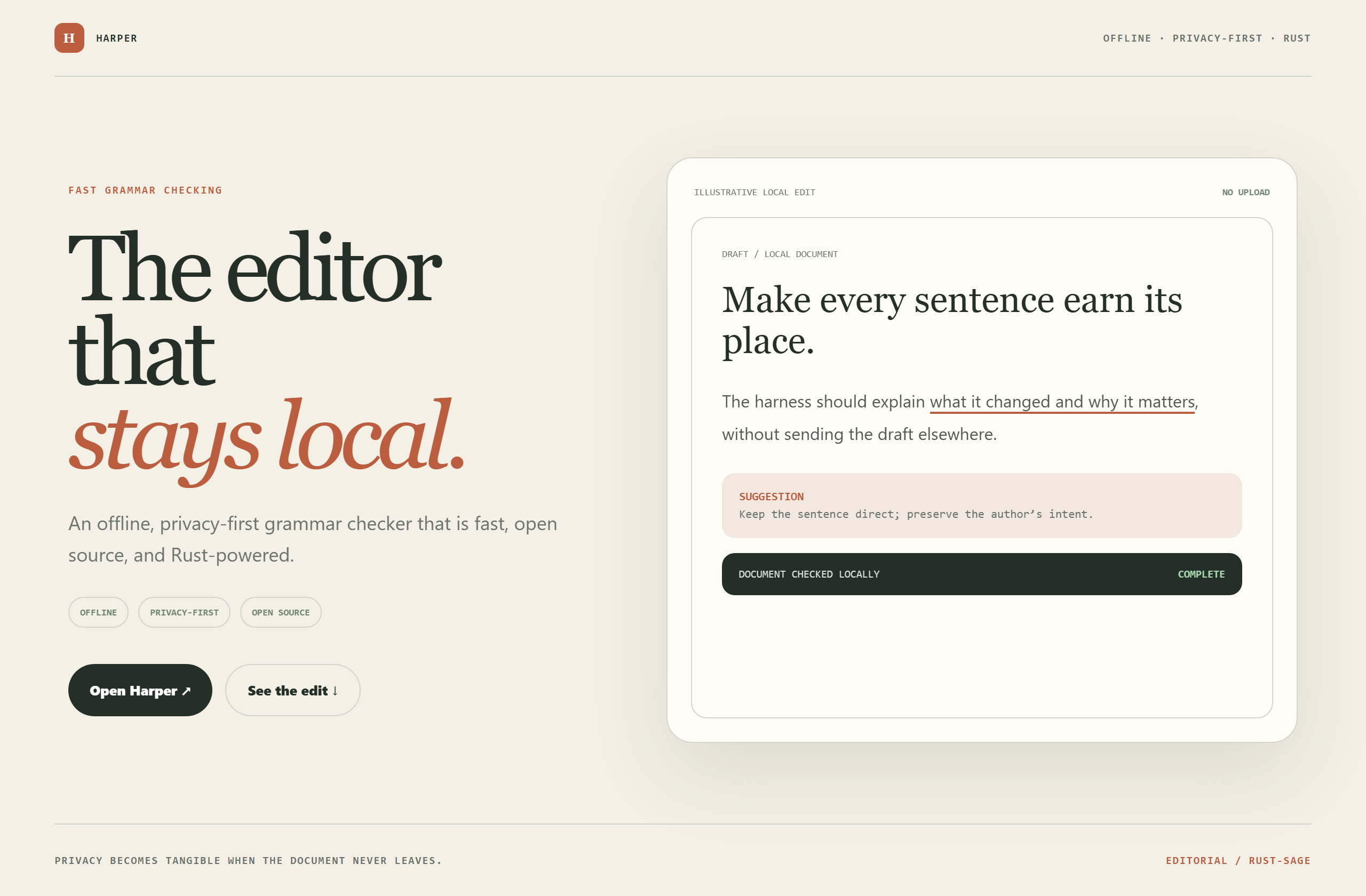Automattic/harper landing-page hero mock, editorial style