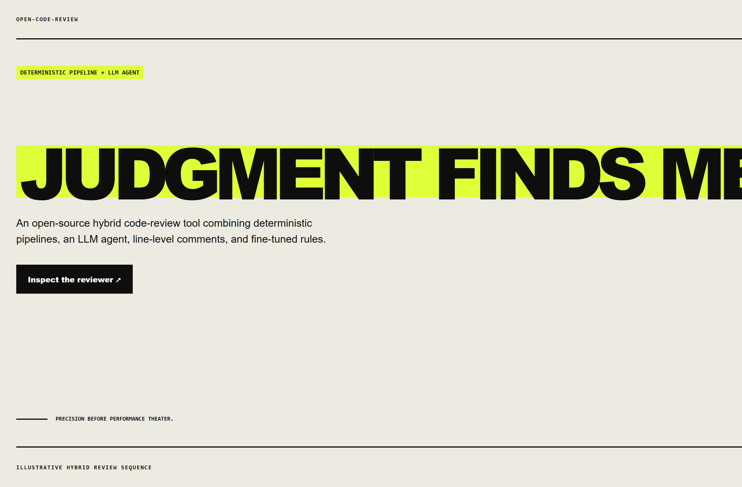 alibaba/open-code-review landing-page hero mock, brutalist style