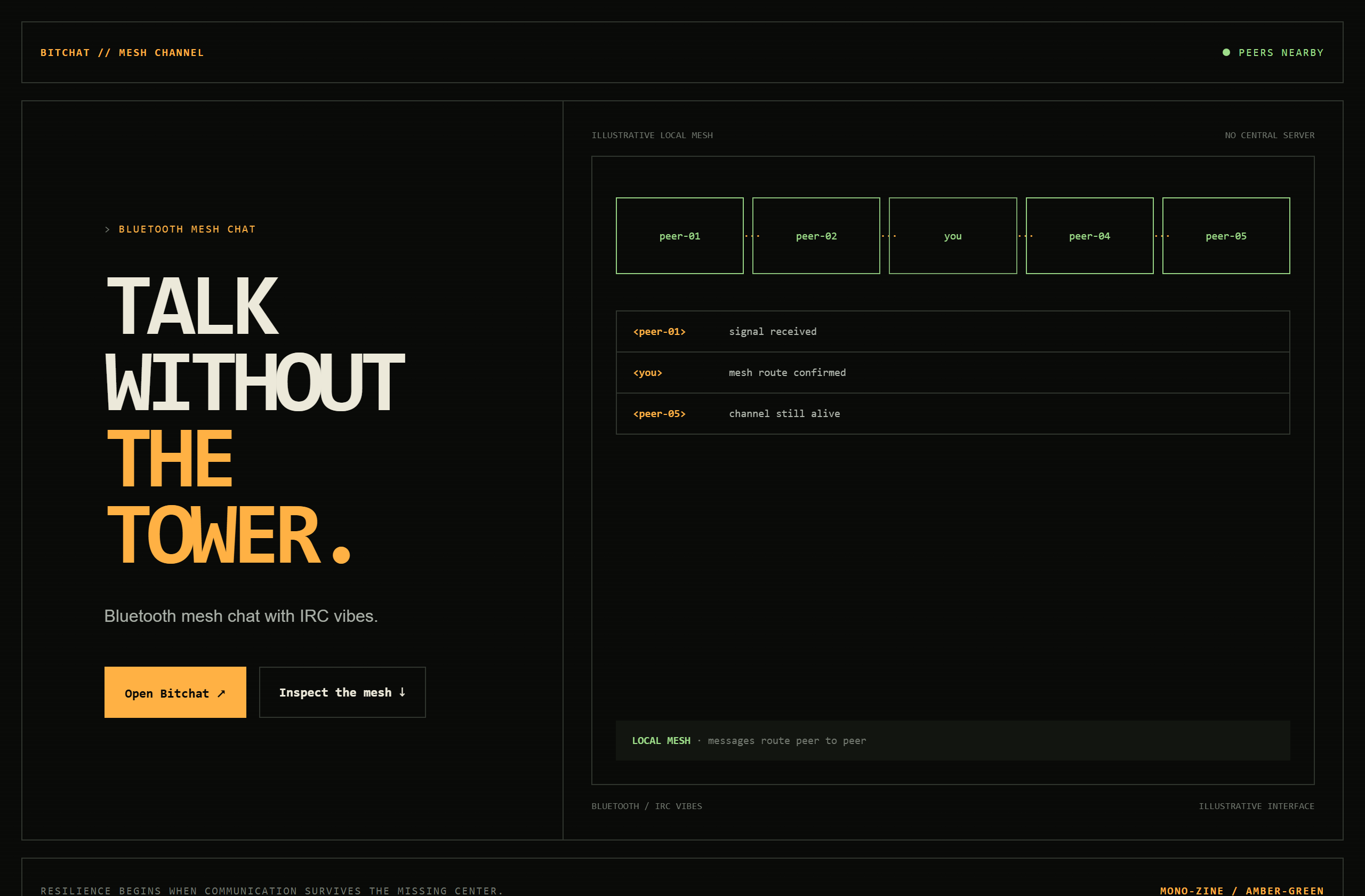 permissionlesstech/bitchat landing-page hero mock, mono-zine style