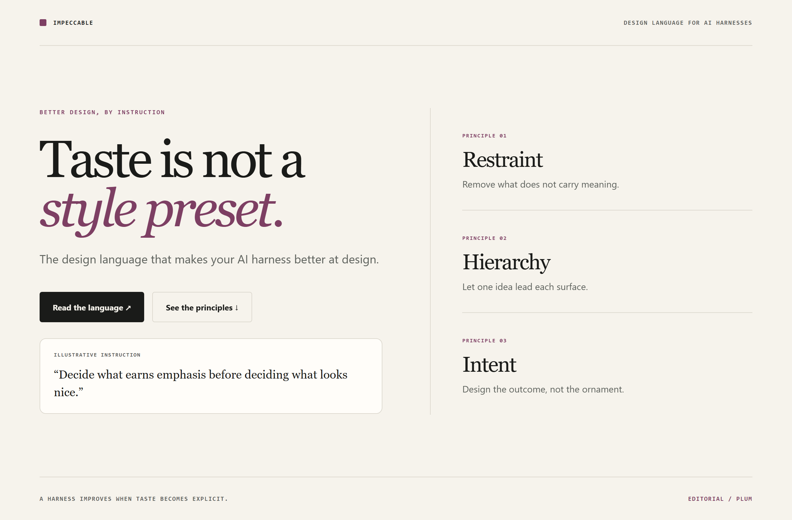 pbakaus/impeccable landing-page hero mock, editorial style