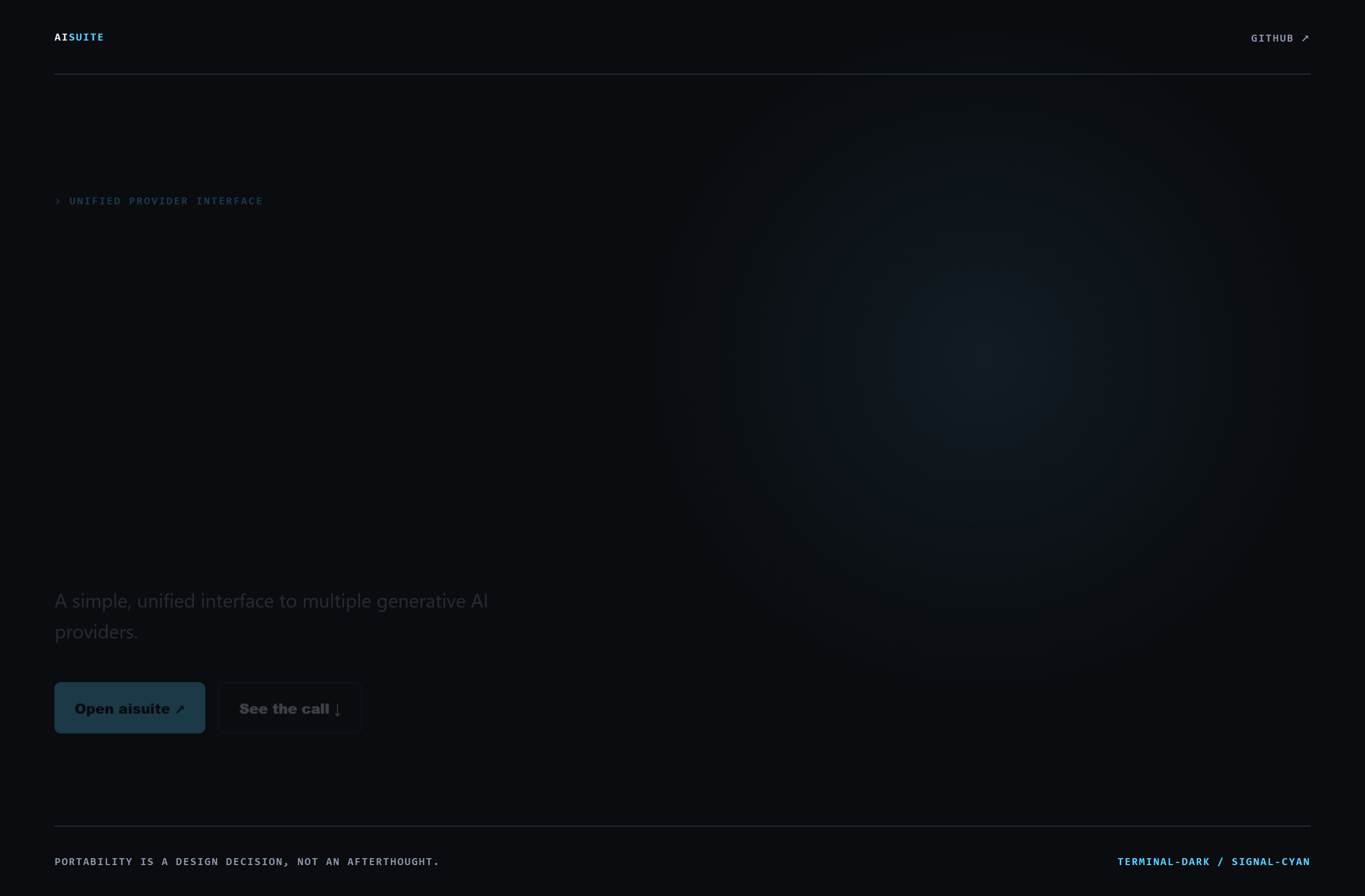 andrewyng/aisuite landing-page hero mock, terminal-dark style
