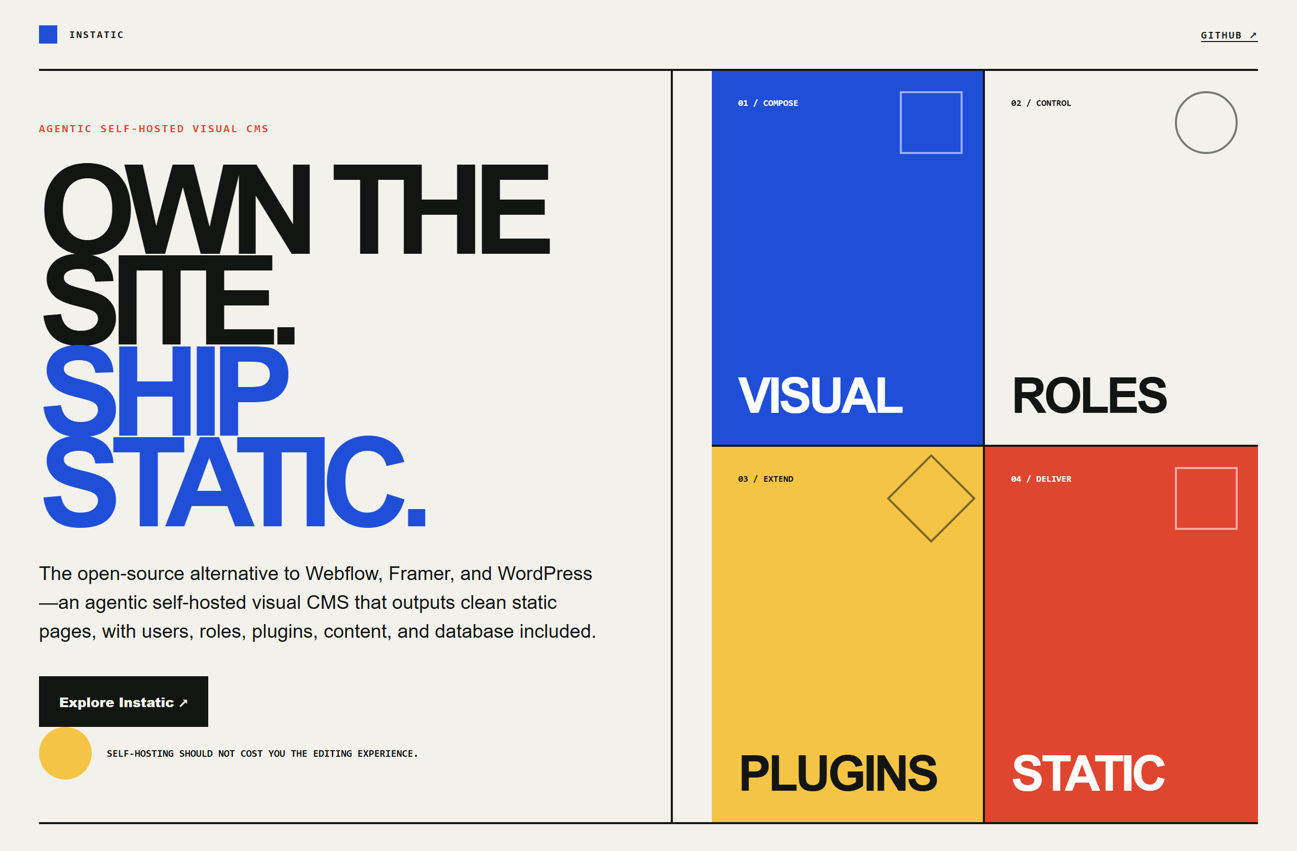 CoreBunch/Instatic landing-page hero mock, bauhaus style
