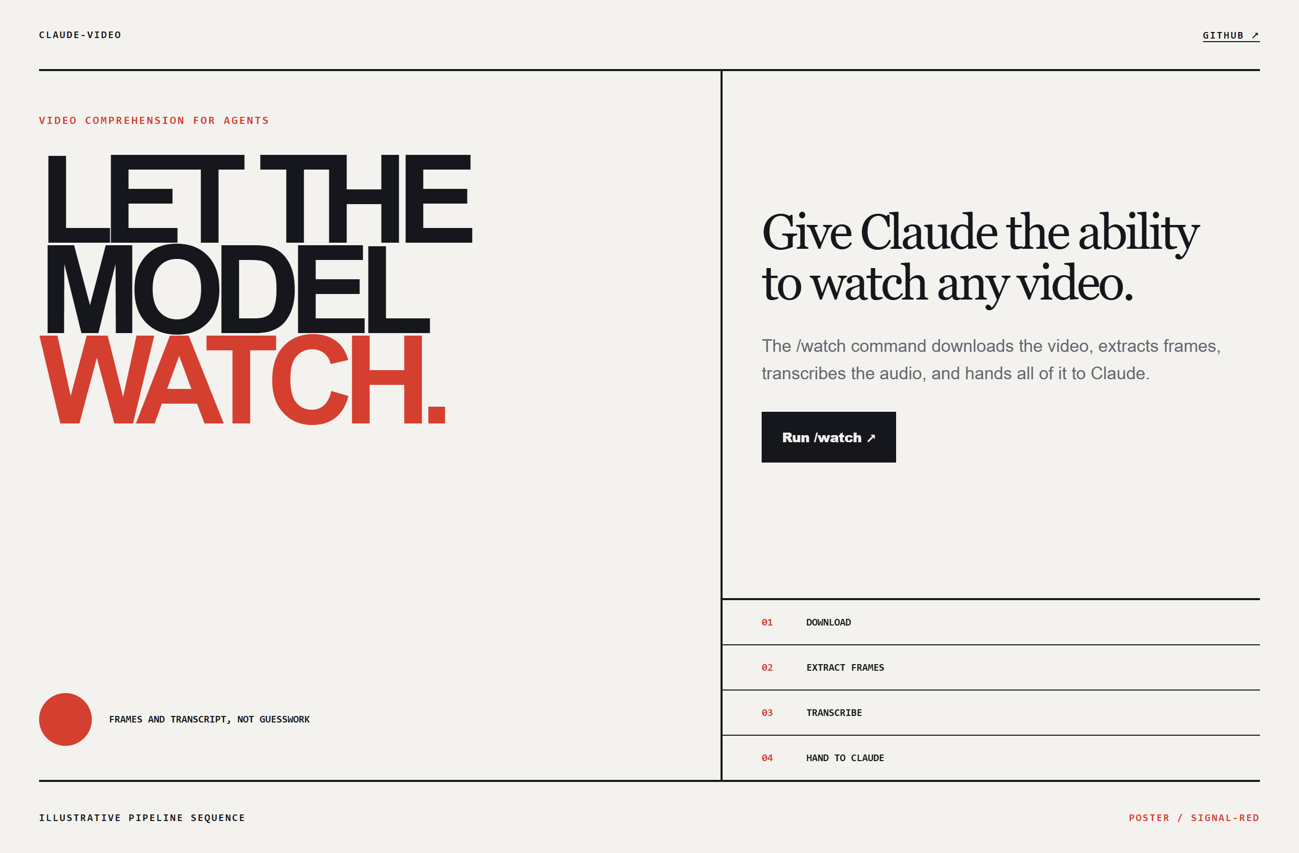bradautomates/claude-video landing-page hero mock, poster style