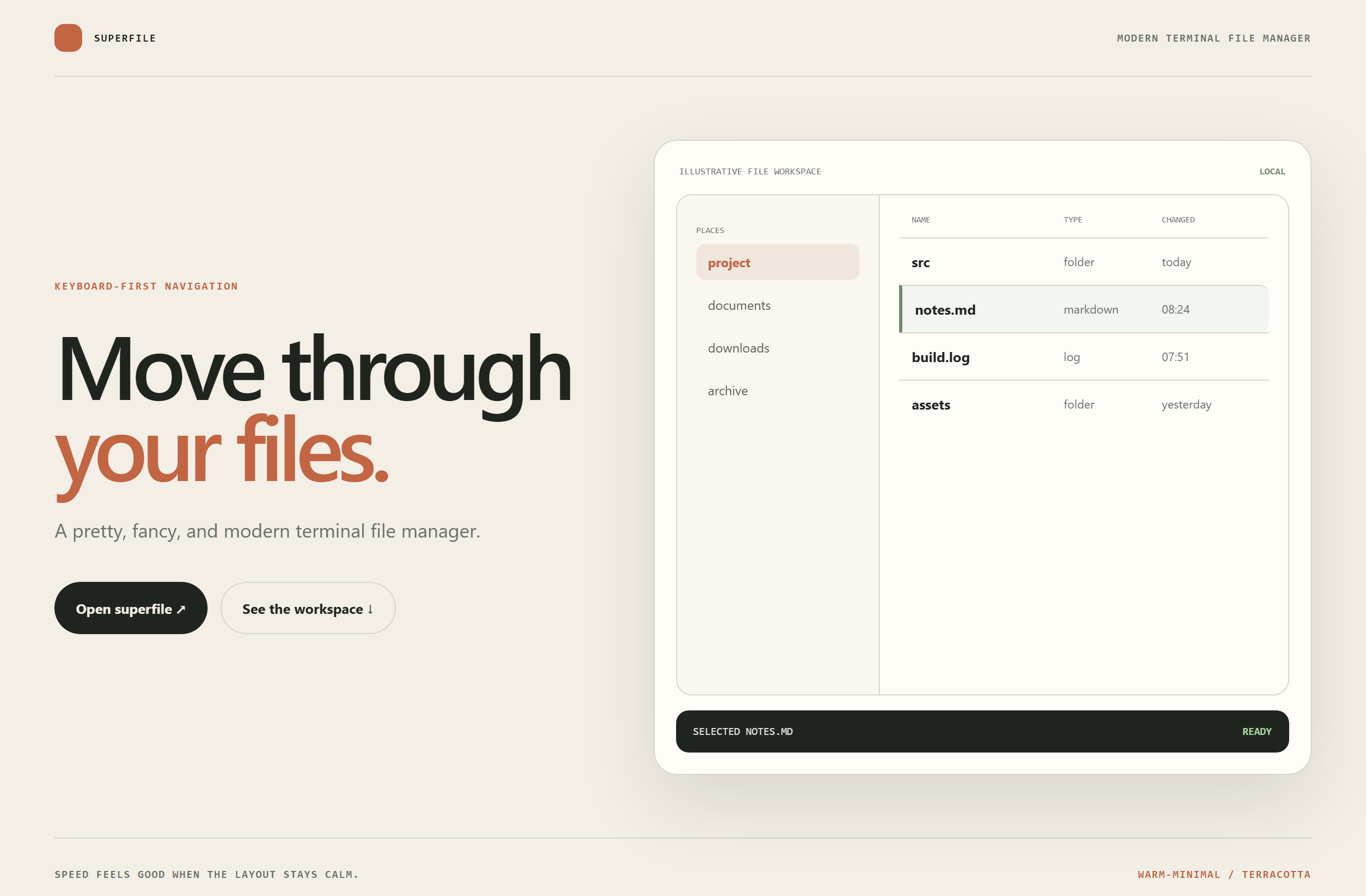 yorukot/superfile landing-page hero mock, warm-minimal style