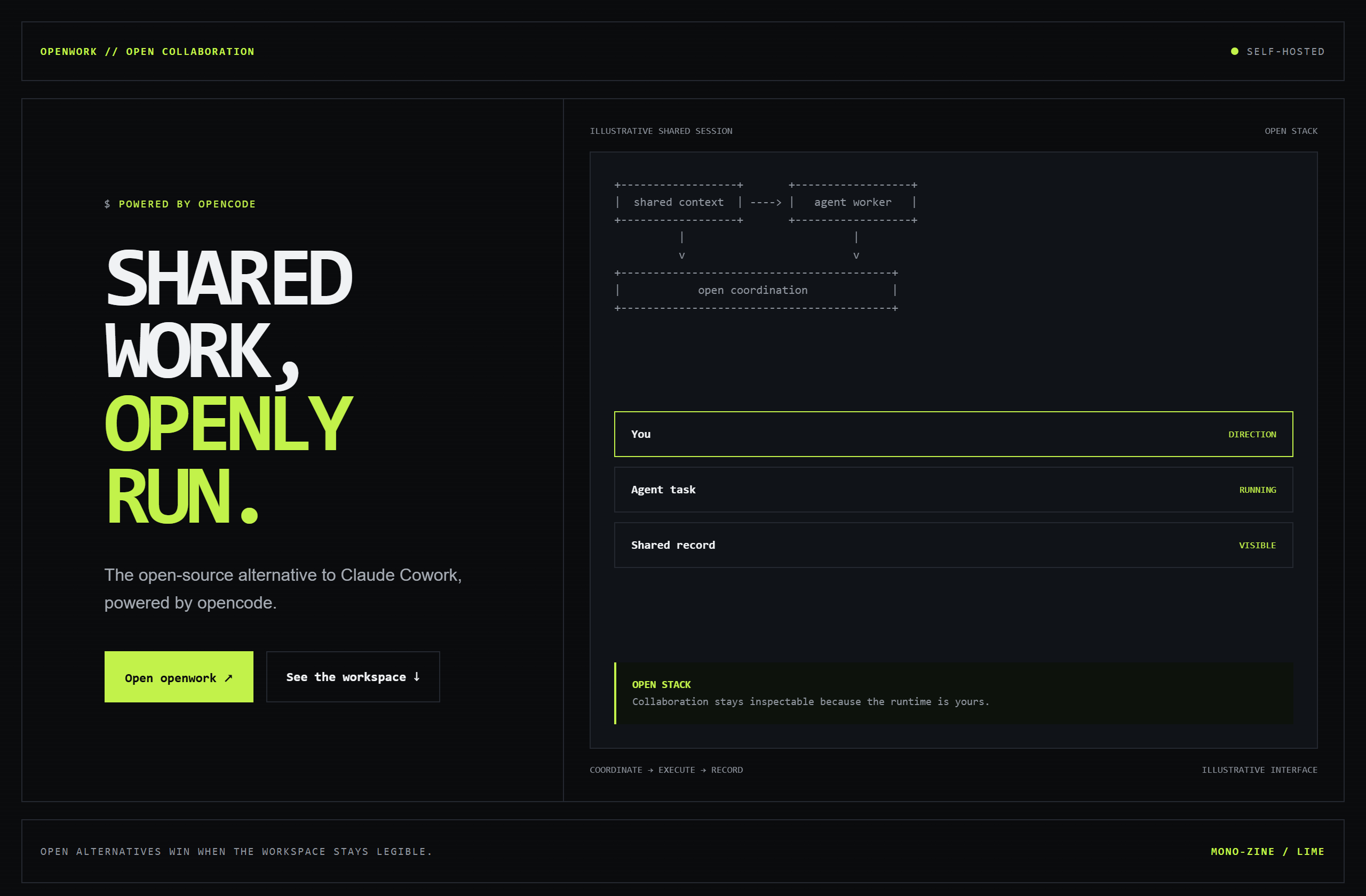 different-ai/openwork landing-page hero mock, mono-zine style