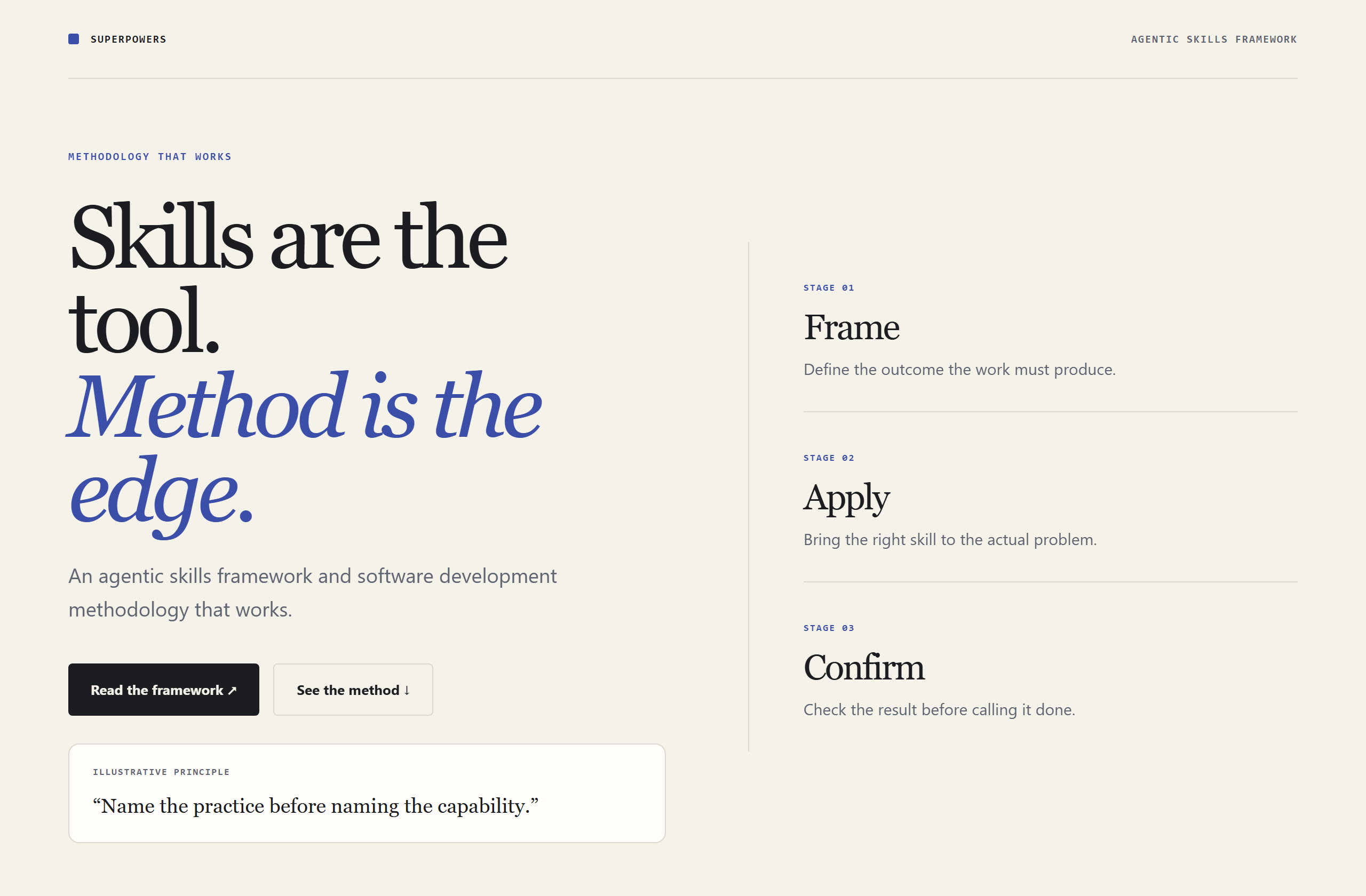 obra/superpowers landing-page hero mock, editorial style