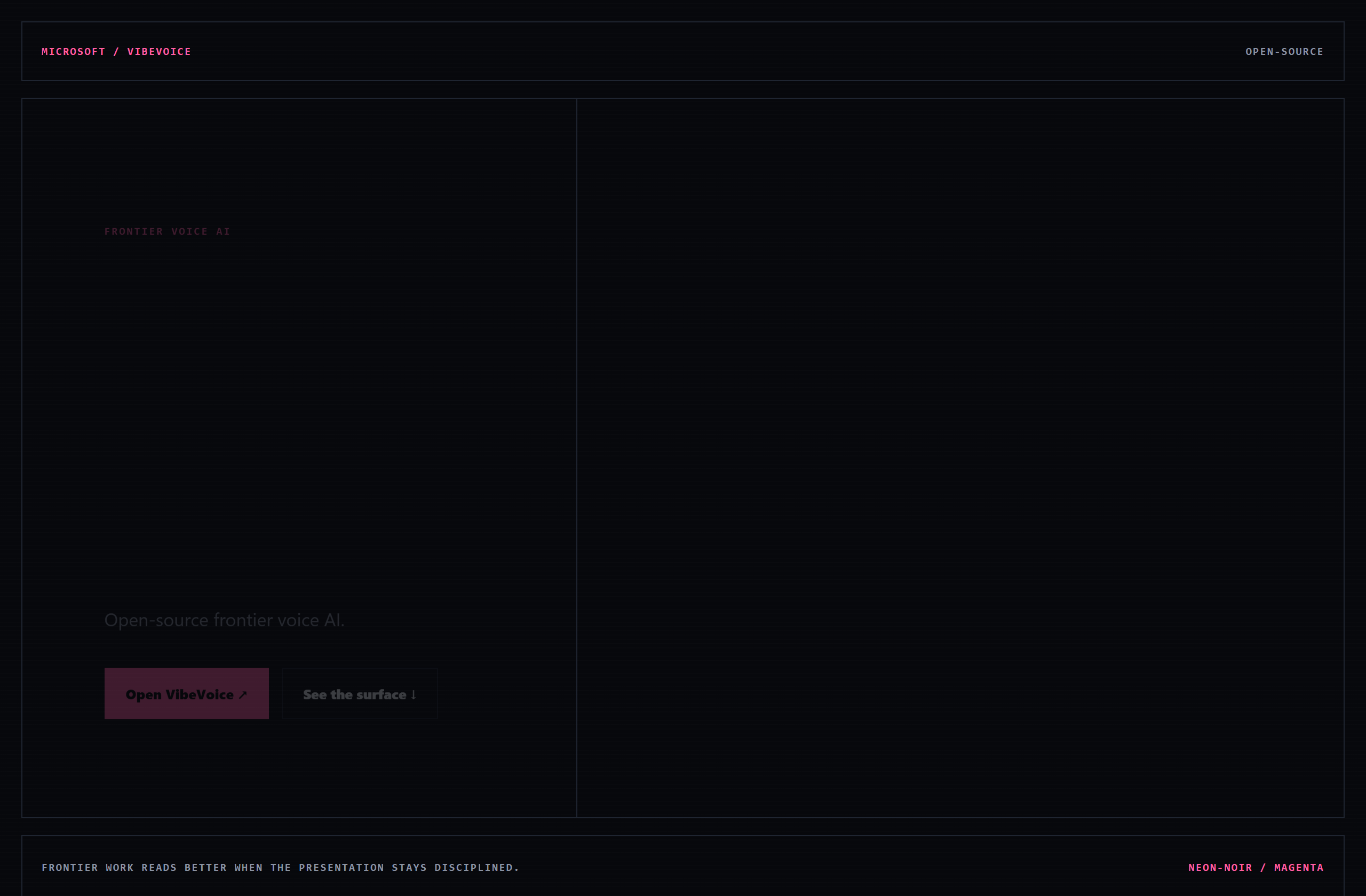 microsoft/VibeVoice landing-page hero mock, neon-noir style