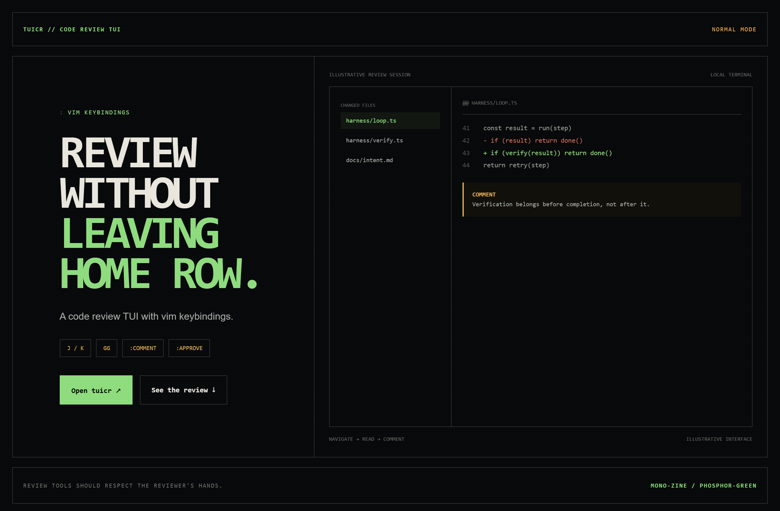 agavra/tuicr landing-page hero mock, mono-zine style