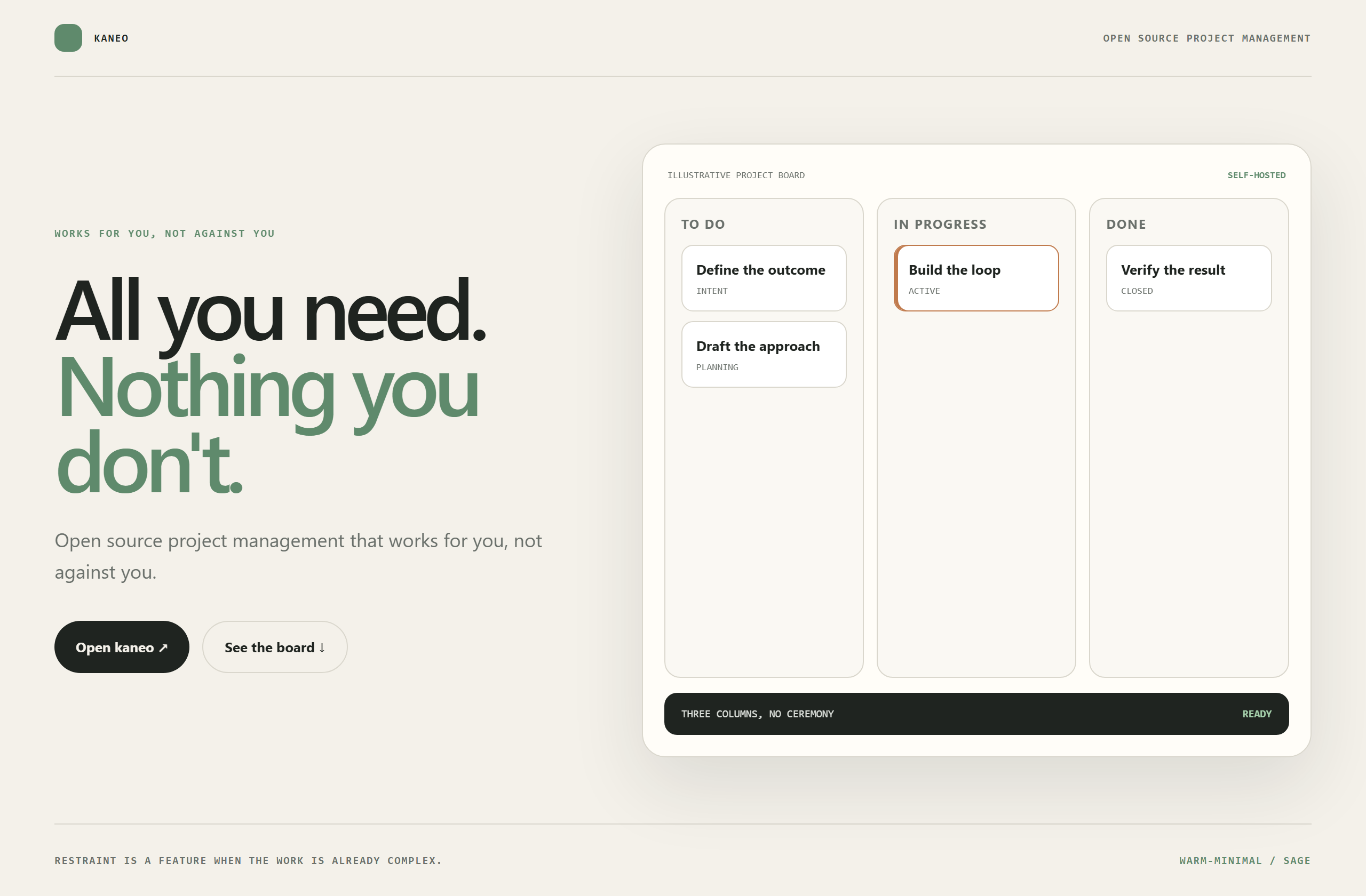 usekaneo/kaneo landing-page hero mock, warm-minimal style