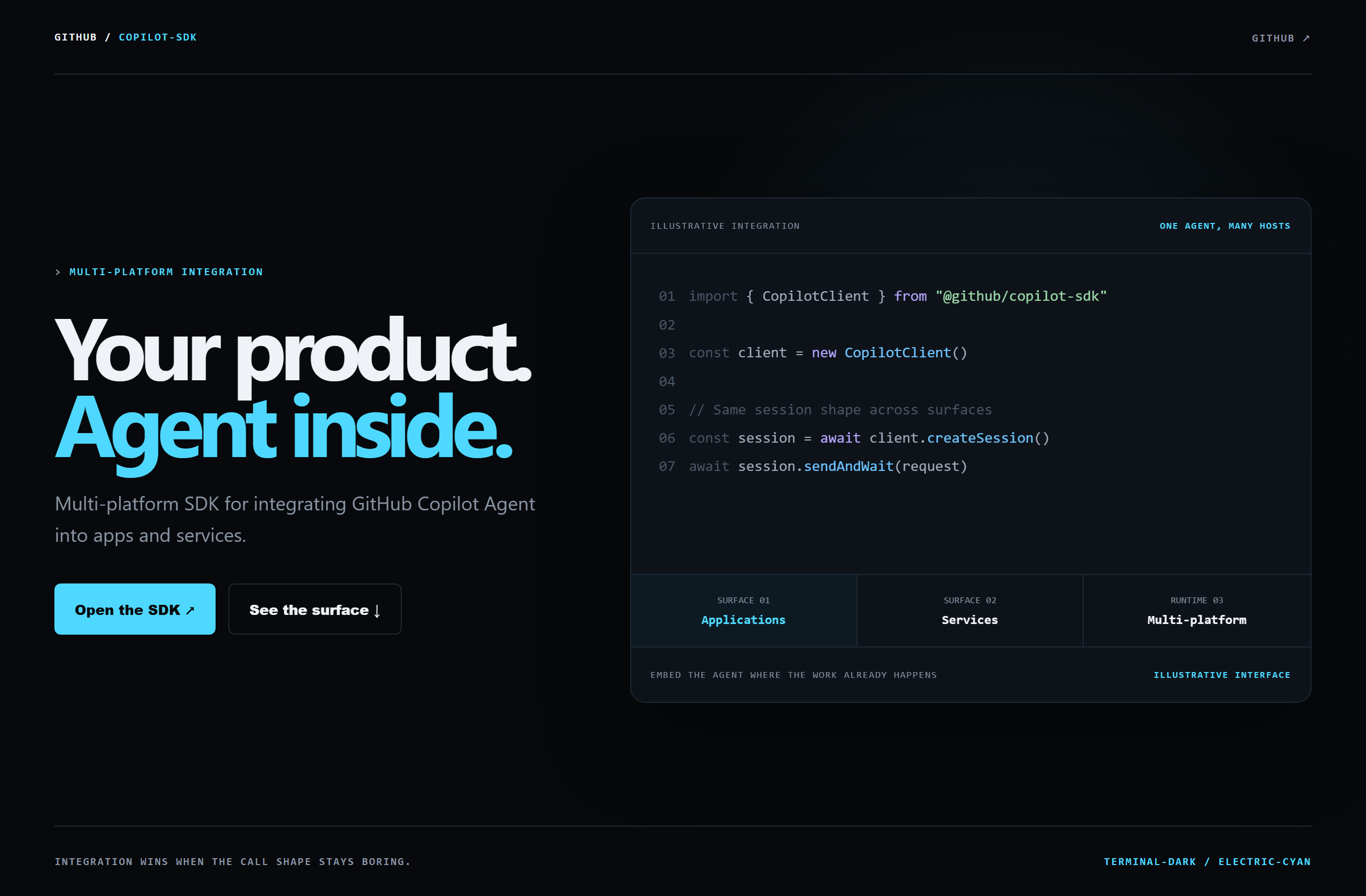 github/copilot-sdk landing-page hero mock, terminal-dark style