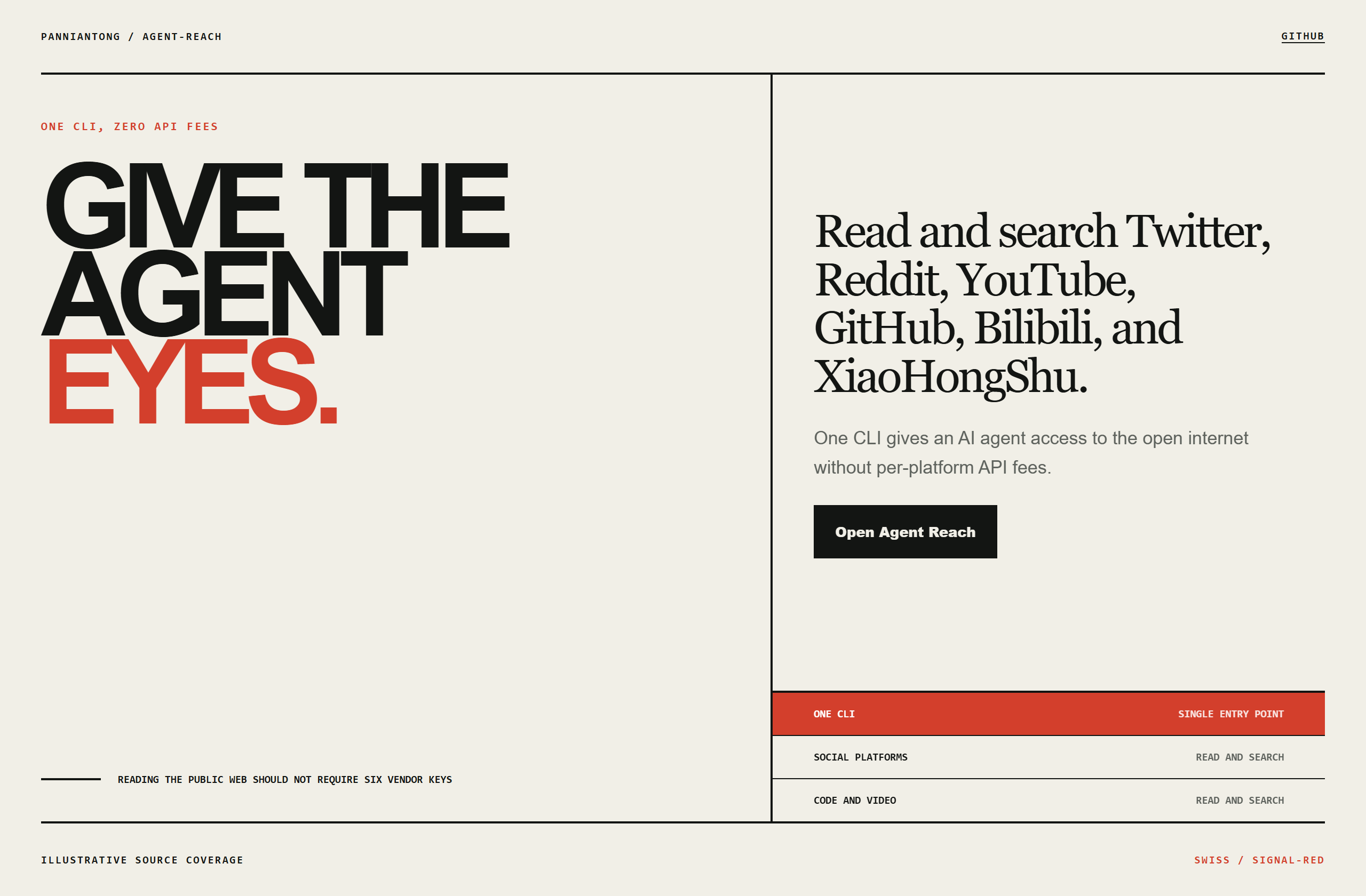 Panniantong/Agent-Reach landing-page hero mock, swiss style