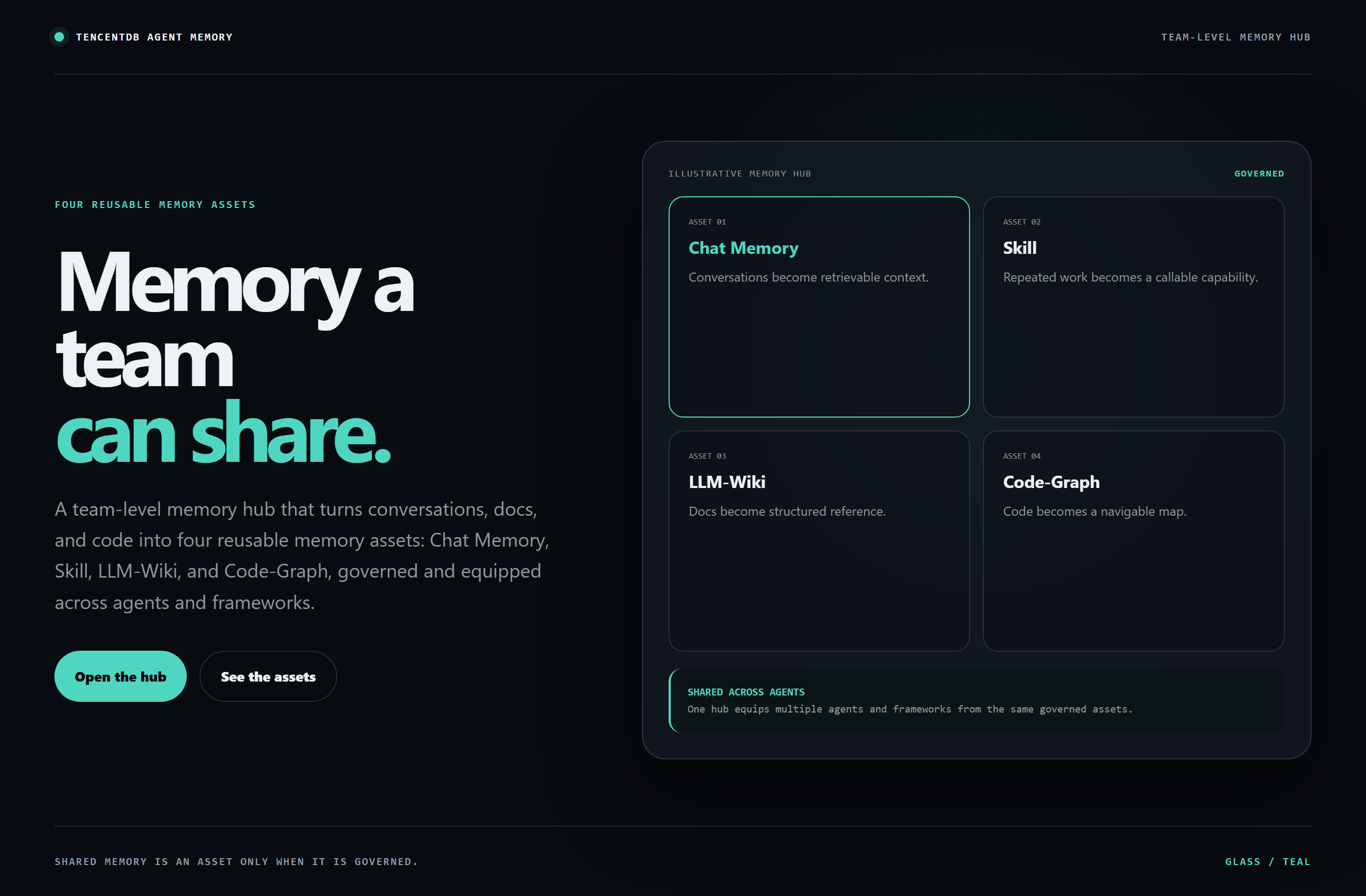 TencentCloud/TencentDB-Agent-Memory landing-page hero mock, glass style