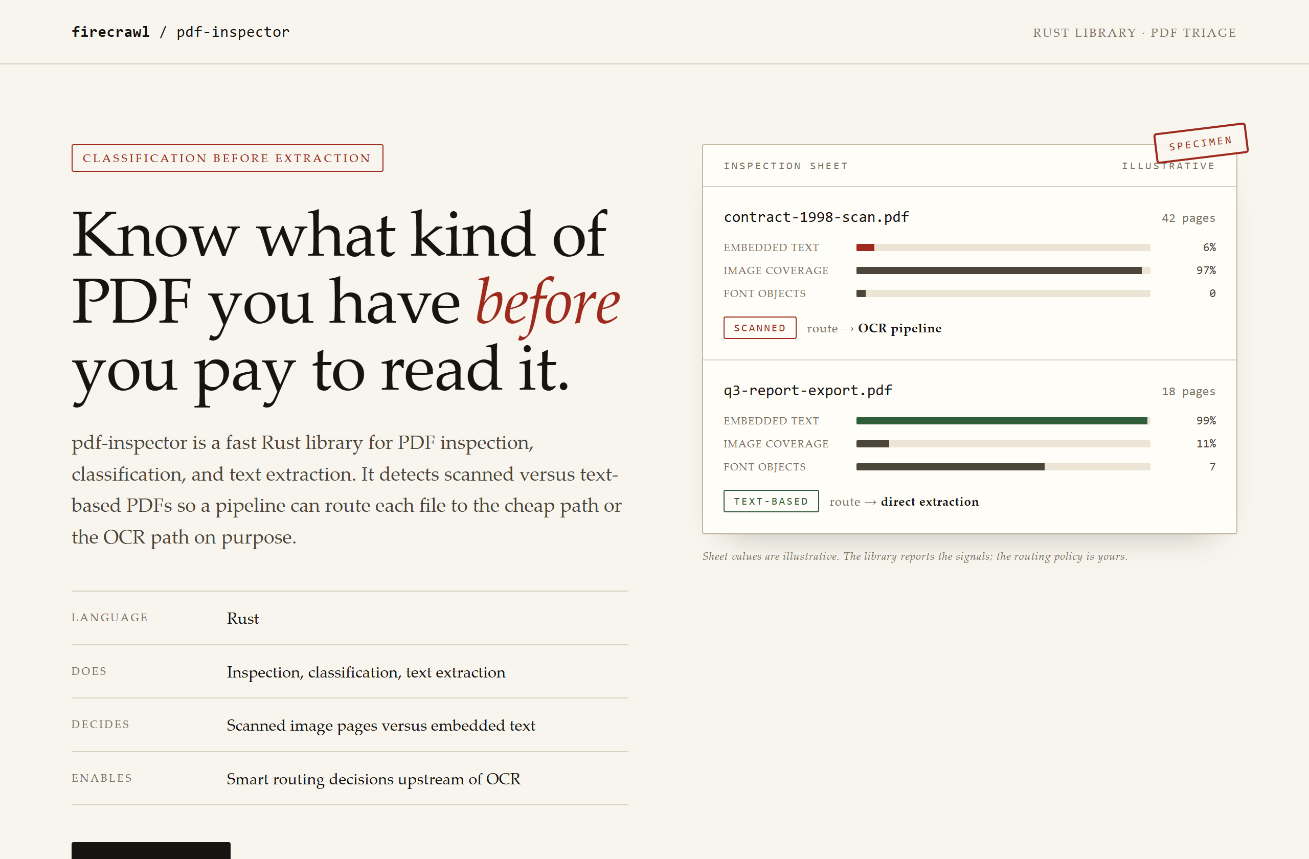 firecrawl/pdf-inspector landing-page hero mock, specimen style